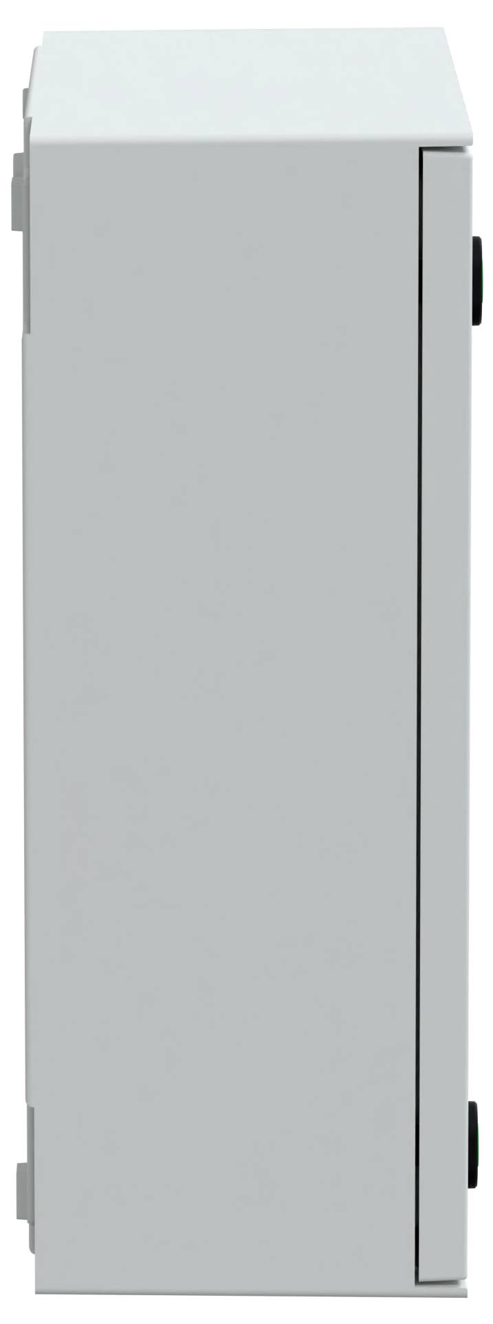 Seitenansicht einer schlichten, grauen Metallbox mit minimalistischem Design, die eine glatte Oberfläche und einfache Scharnierränder zeigt.