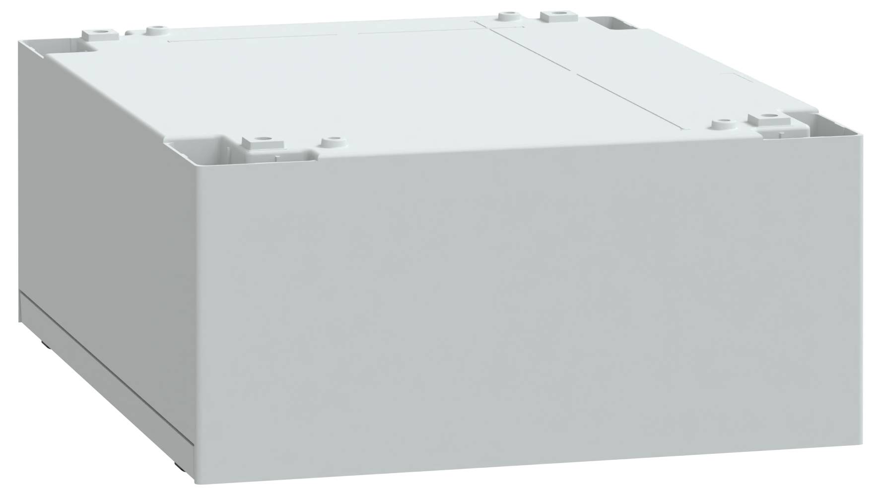 Eine schlichte graue rechteckige Box, möglicherweise ein Aufbewahrungsbehälter oder ein elektronisches Gehäuse, mit einer glatten Oberfläche und leichten Vertiefungen auf der Oberseite.