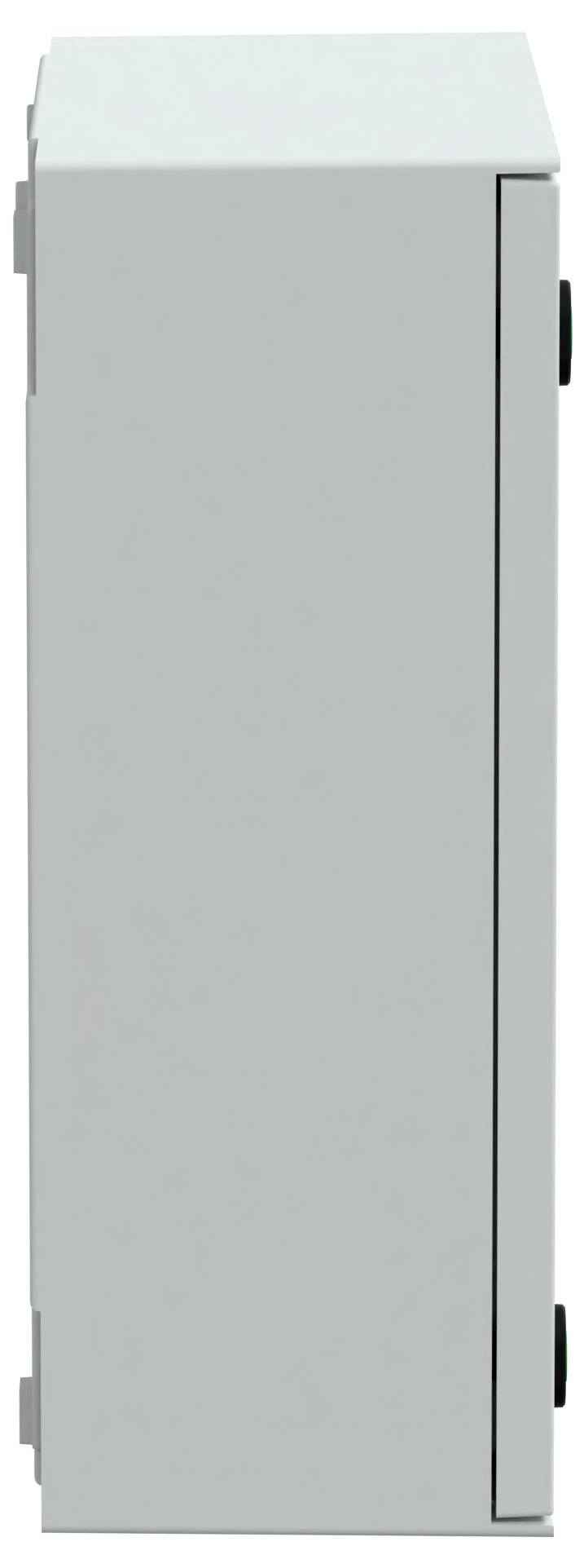 Seitenansicht eines schlichten, geschlossenen grauen Schranks mit minimalistischem Design und sichtbaren Scharnieren und Griffen.