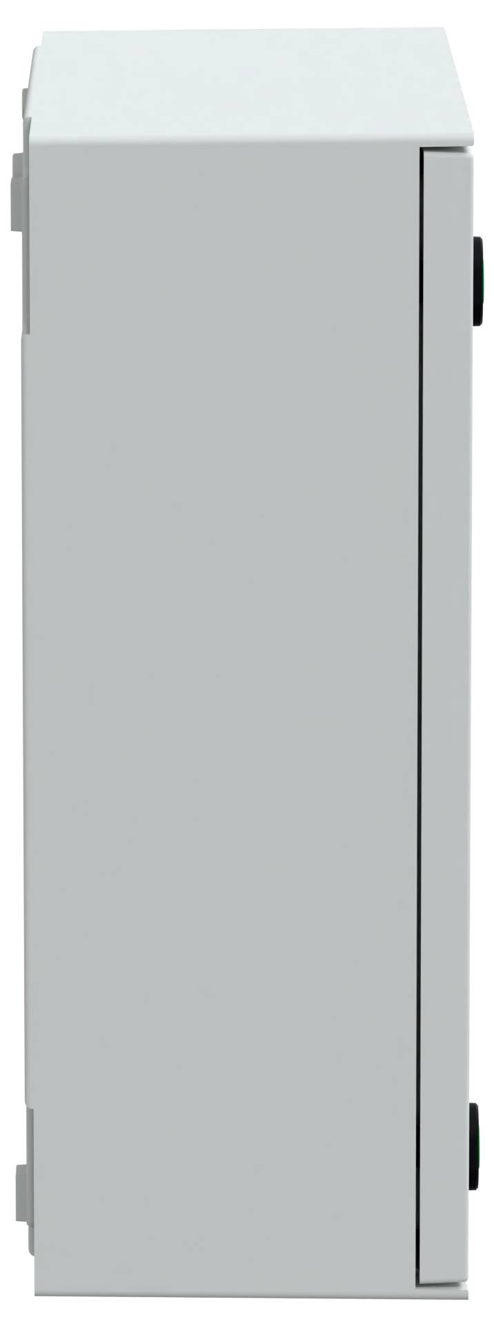 Seitenansicht einer schlichten grauen Metallbox mit einer Scharnierhalterung, höchstwahrscheinlich ein elektrischer oder Versorgungsschrank.