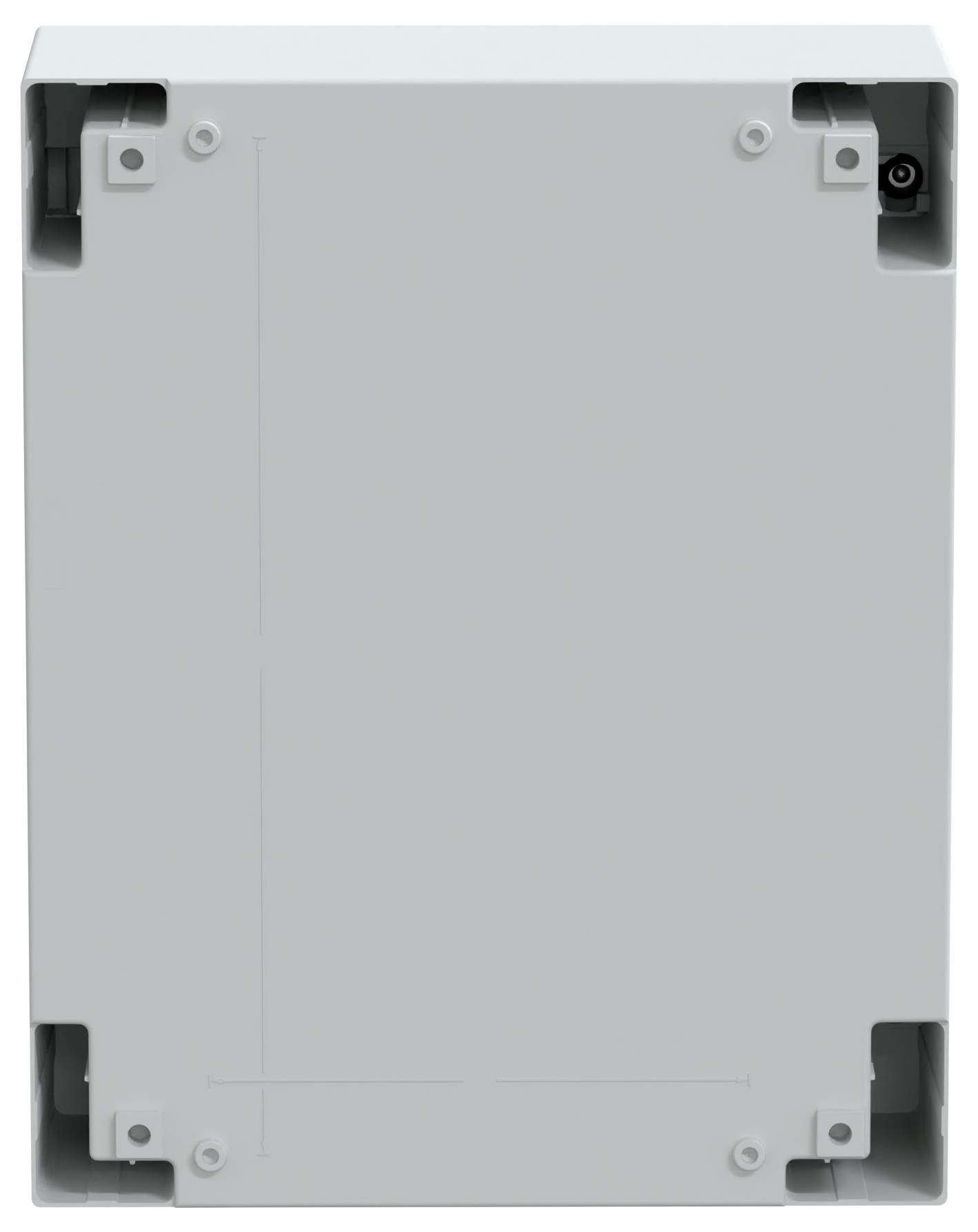 Ein rechteckiges, graues elektronisches Gerät mit Befestigungsklammern an den Ecken, wahrscheinlich für elektrische oder Netzwerkverbindungen verwendet.