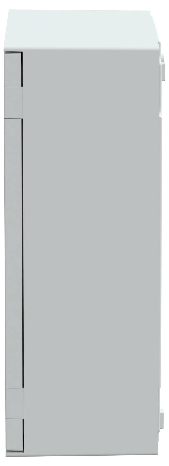 Ein weißer, rechteckiger Metallschrank mit seitlichen Scharnieren, von der Seite betrachtet.