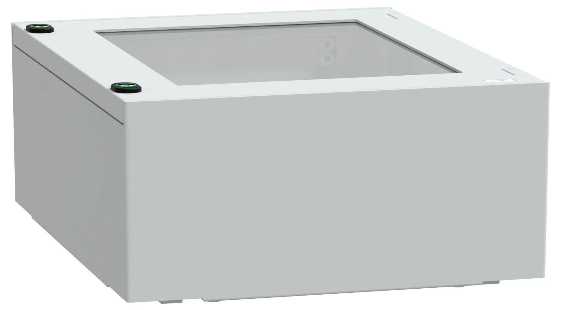 Rechteckiges, graues Elektronikgehäuse mit durchsichtigem Deckel, das zwei Tasten an seinen vorderen Ecken aufweist.