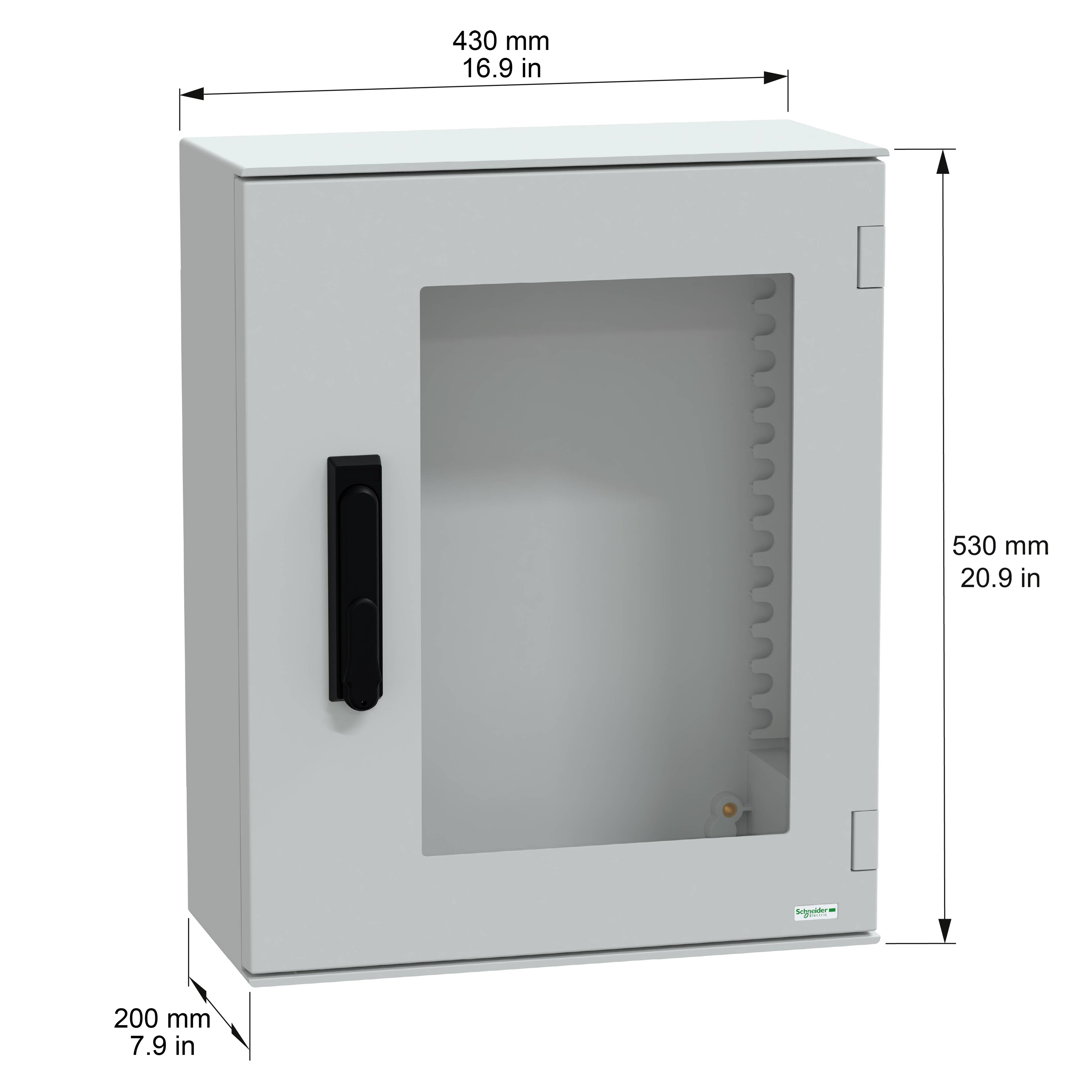 Metallgehäuse mit Abmessungen: Breite 430 mm (16,9 Zoll), Höhe 530 mm (20,9 Zoll), Tiefe 200 mm (7,9 Zoll). Schwarzer Griff.