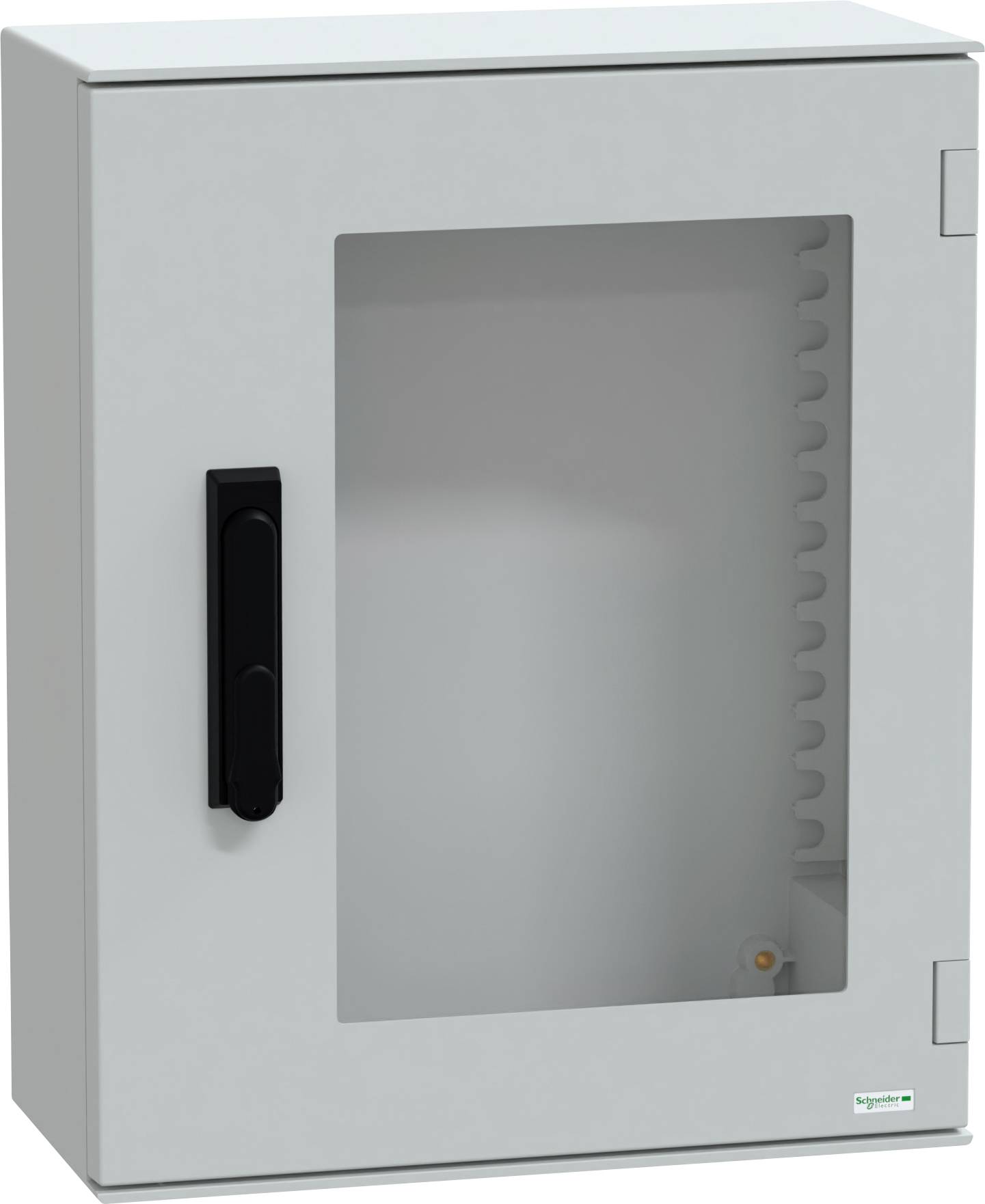 Ein grauer Elektroschrank mit einer transparenten Frontplatte und schwarzem Griff, der zur sicheren Unterbringung von elektrischen Komponenten dient.