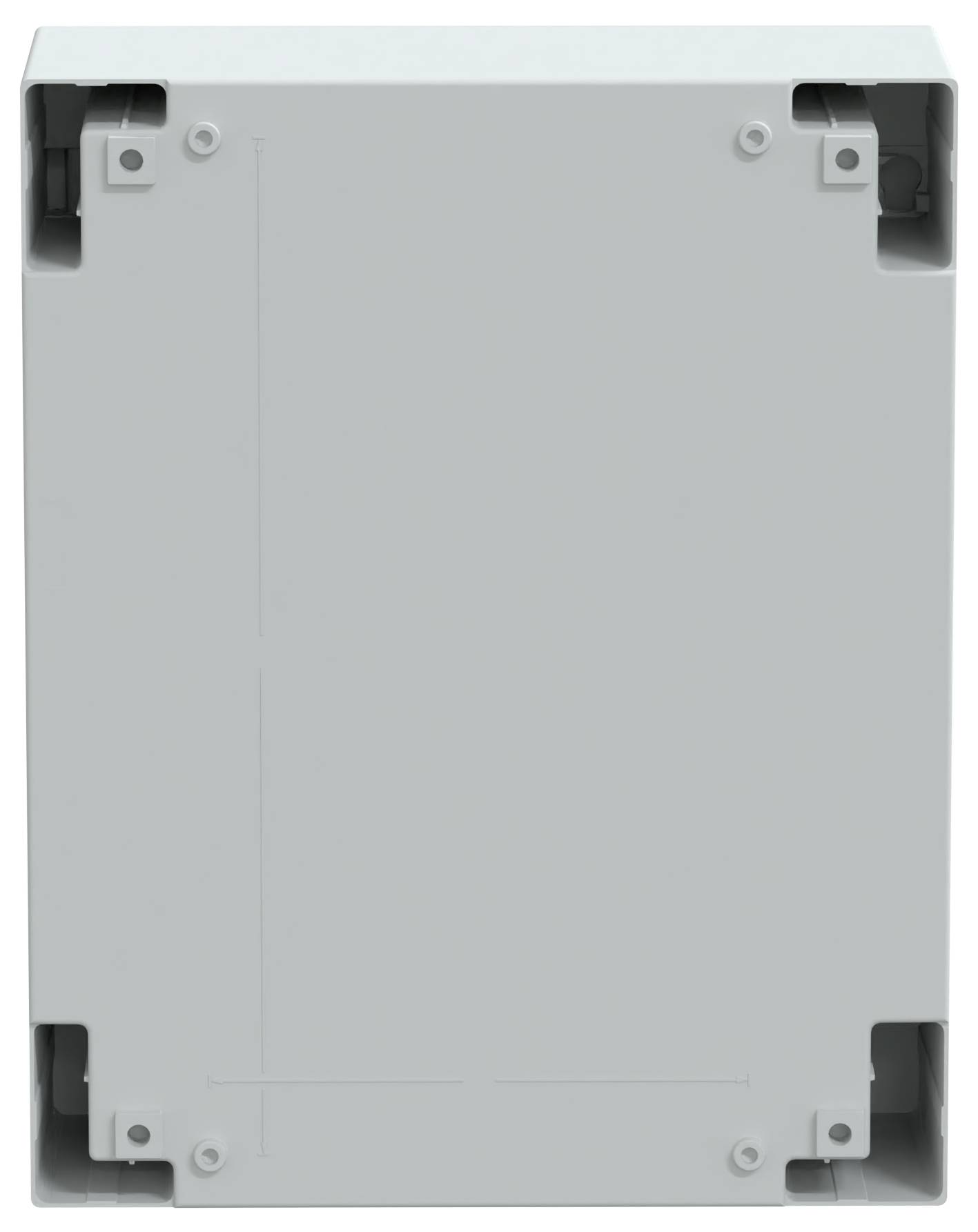 Eine schlichte, rechteckige graue elektrische Verteilerdose mit Befestigungslöchern und glatter Oberfläche, von vorne betrachtet.