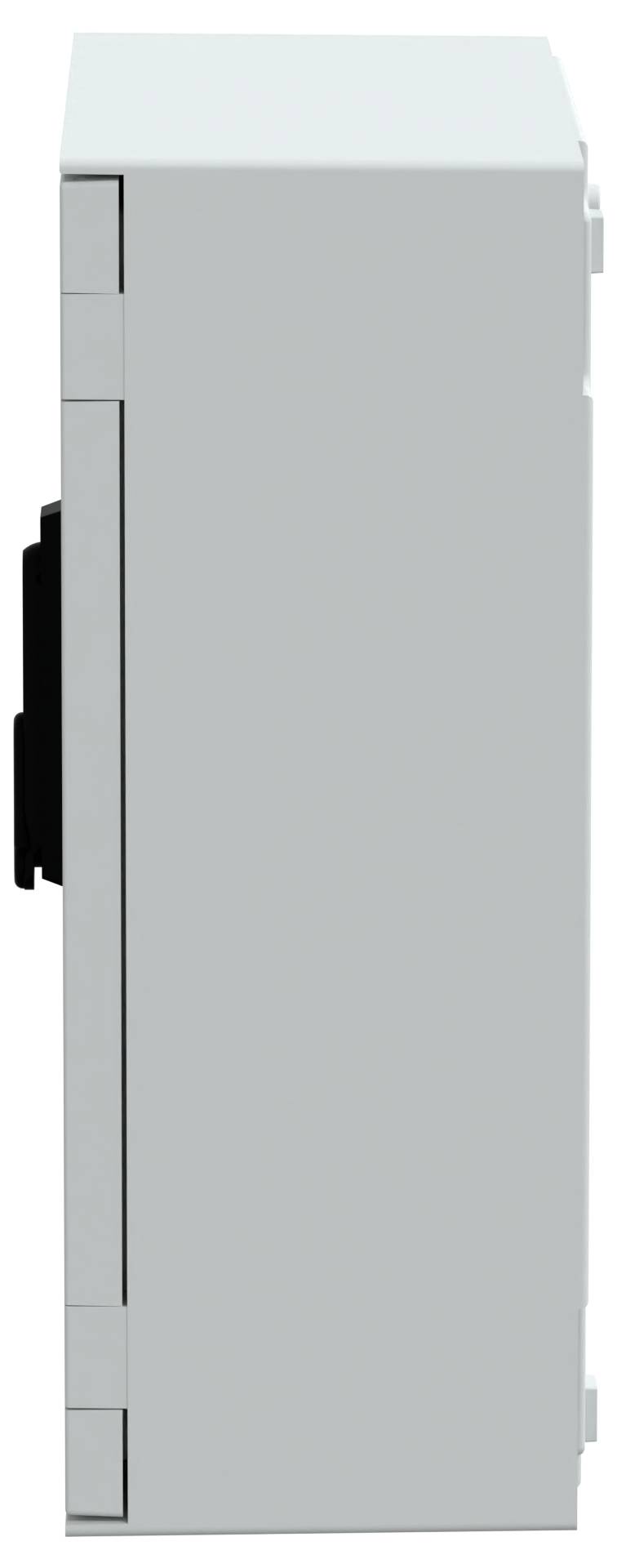 Seitenansicht eines schlichten, rechteckigen Metallgehäuses mit einem schwarzen Griff auf der linken Seite.