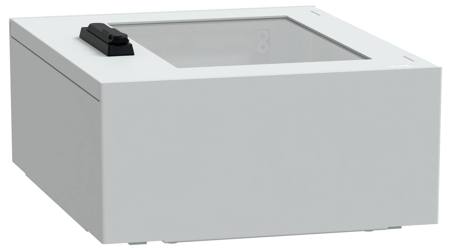 Ein rechteckiges, graues, kastenförmiges elektronisches Gehäuse mit transparentem Deckel, ausgestattet mit einem schwarzen Verschluss am Deckel.
