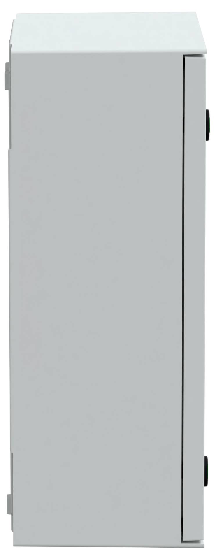 Seitenansicht eines schlichten weißen Schranks mit geschlossener Tür, der ein schlankes, modernes Design aufweist.