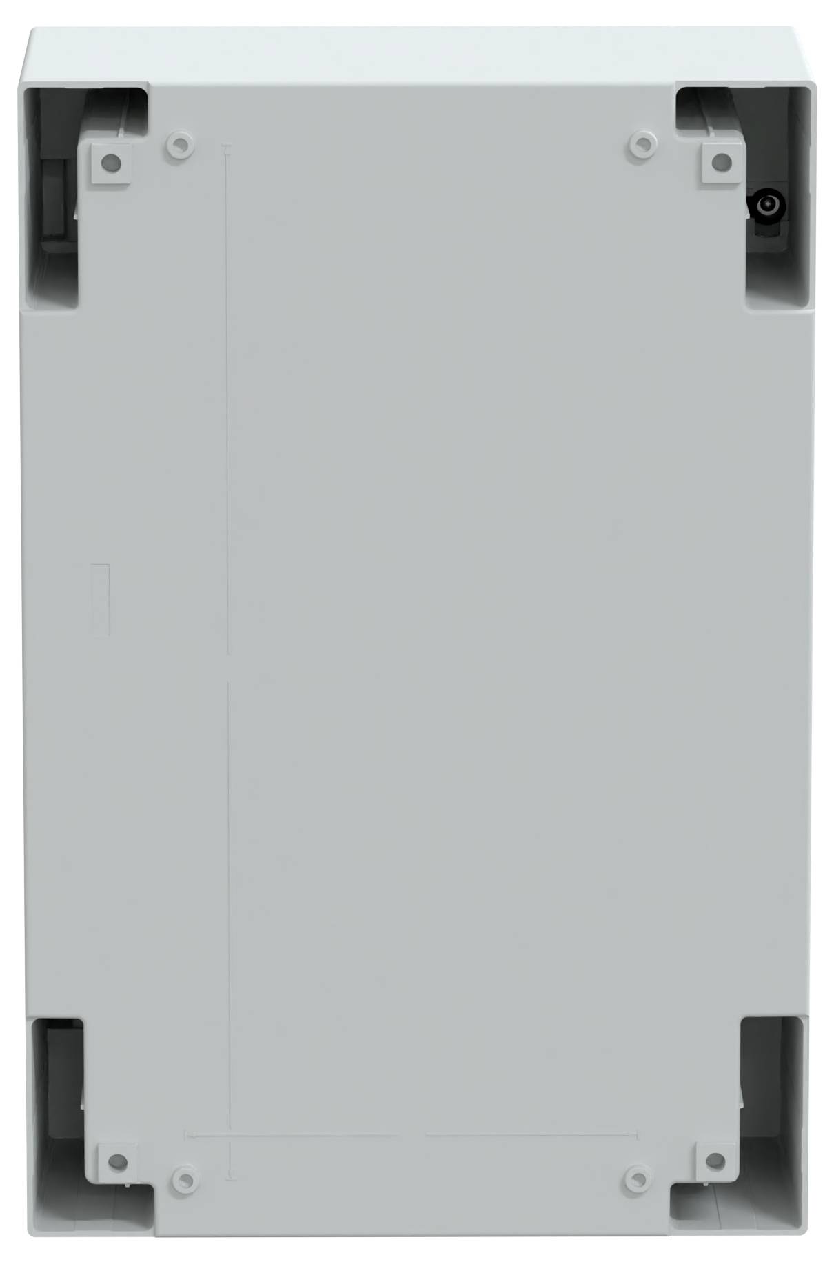 Ein schlichter grauer rechteckiger Elektrogehäuse mit Befestigungsbügeln an jeder Ecke, entwickelt zum Schutz und zur Unterbringung von elektronischen Komponenten.