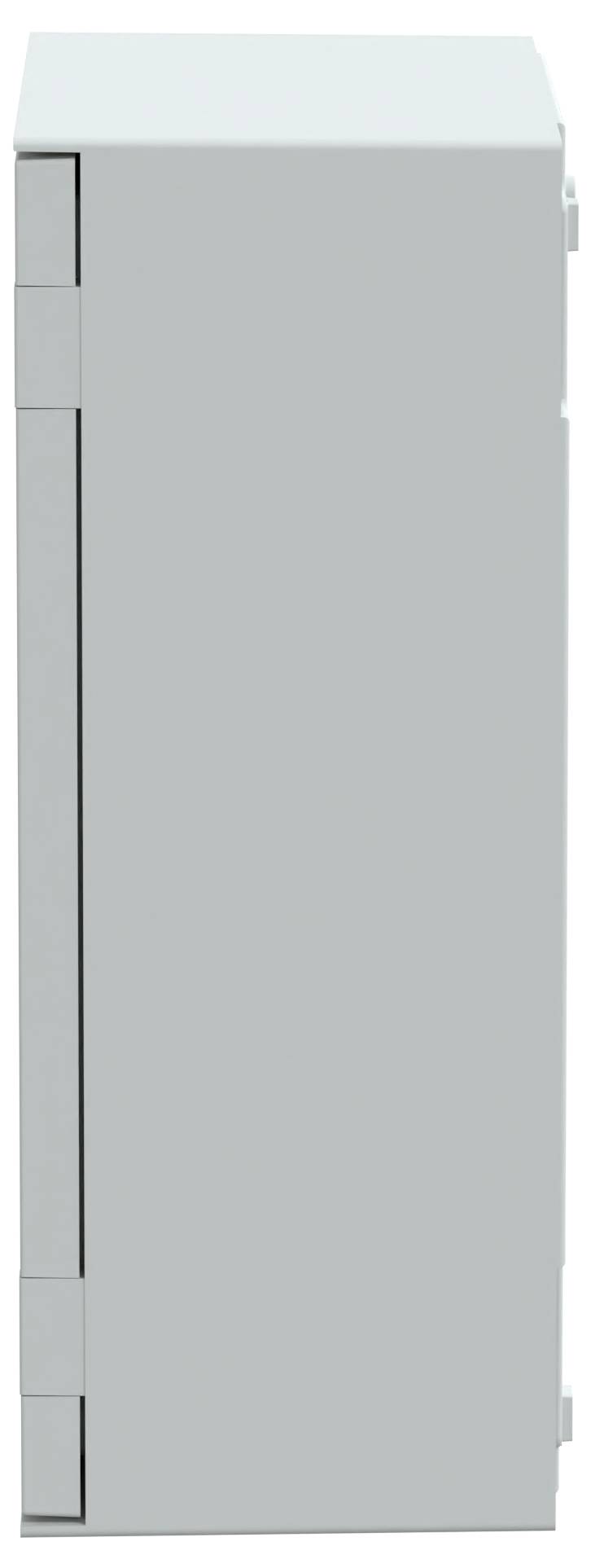 Ein rechteckiger Metallschaltschrank, von der Seite betrachtet, mit geschlossener Tür und Scharnieren auf der linken Seite.