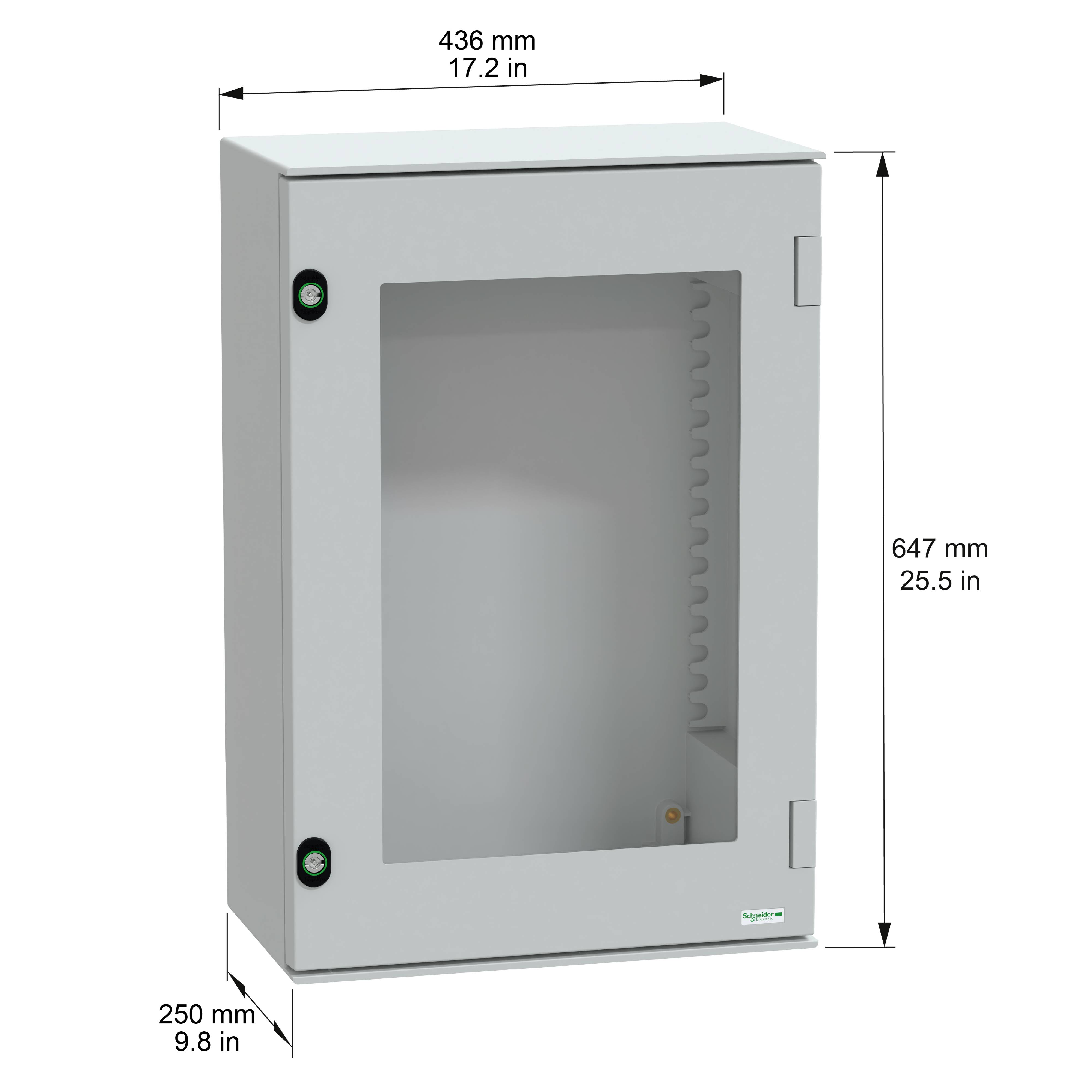 Ein rechteckiges, weißes Elektrogehäuse mit den angegebenen Abmessungen: 436 mm breit, 647 mm hoch und 250 mm tief. Die Tür verfügt über ein transparentes Fenster.