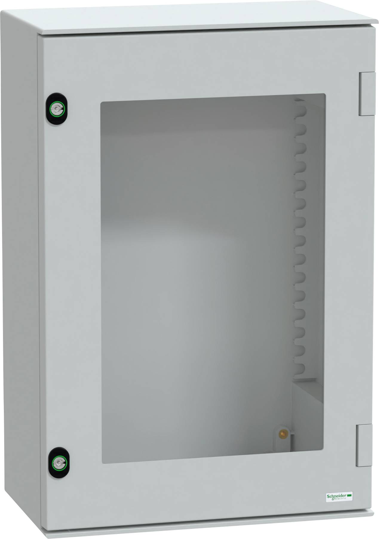 Ein grauer, rechteckiger elektrischer Schaltschrank mit einer transparenten Frontscheibe und zwei sicheren Verschlussmechanismen an der Seite.