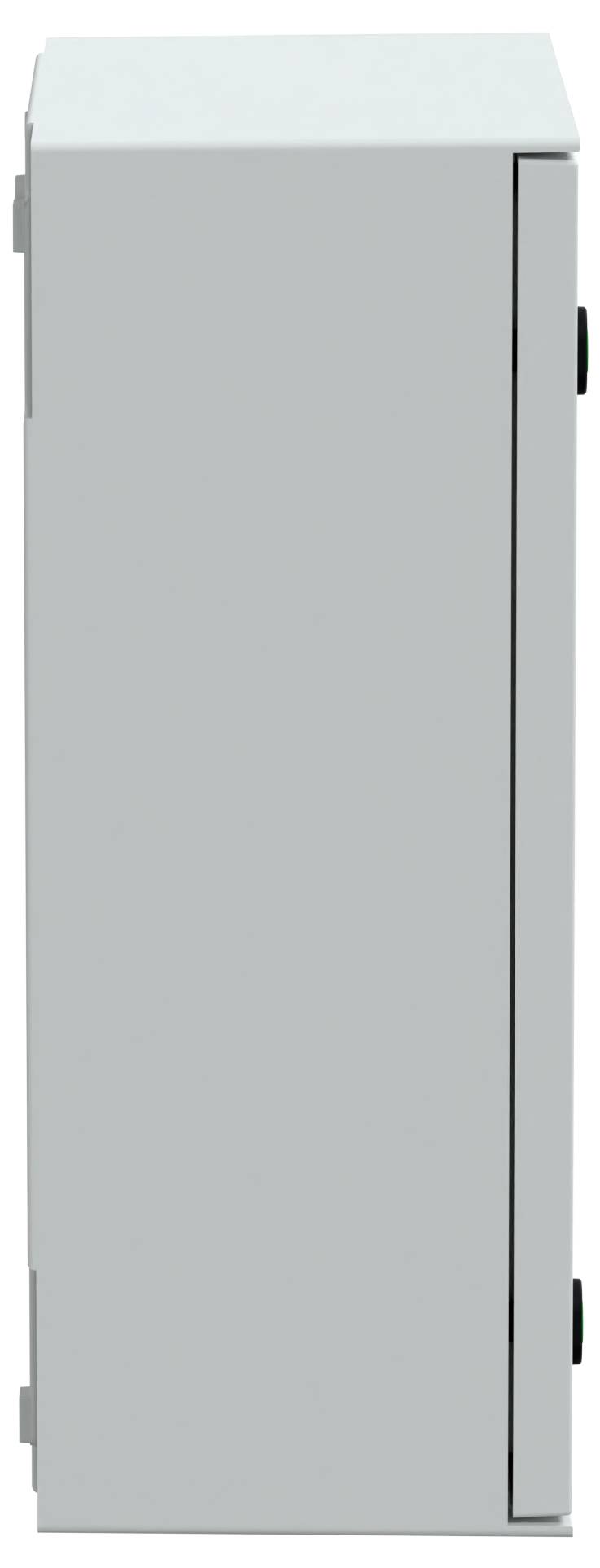 Ein vertikaler, rechteckiger, hellgrauer Kasten, von der Seite betrachtet, der einen geschlossenen Schrank oder eine Abdeckung darstellt.
