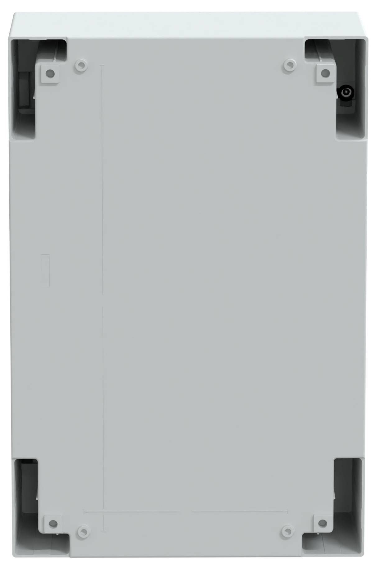 Eine graue, rechteckige elektrische Gehäusebox mit Befestigungslöchern an den Ecken, von vorne betrachtet.