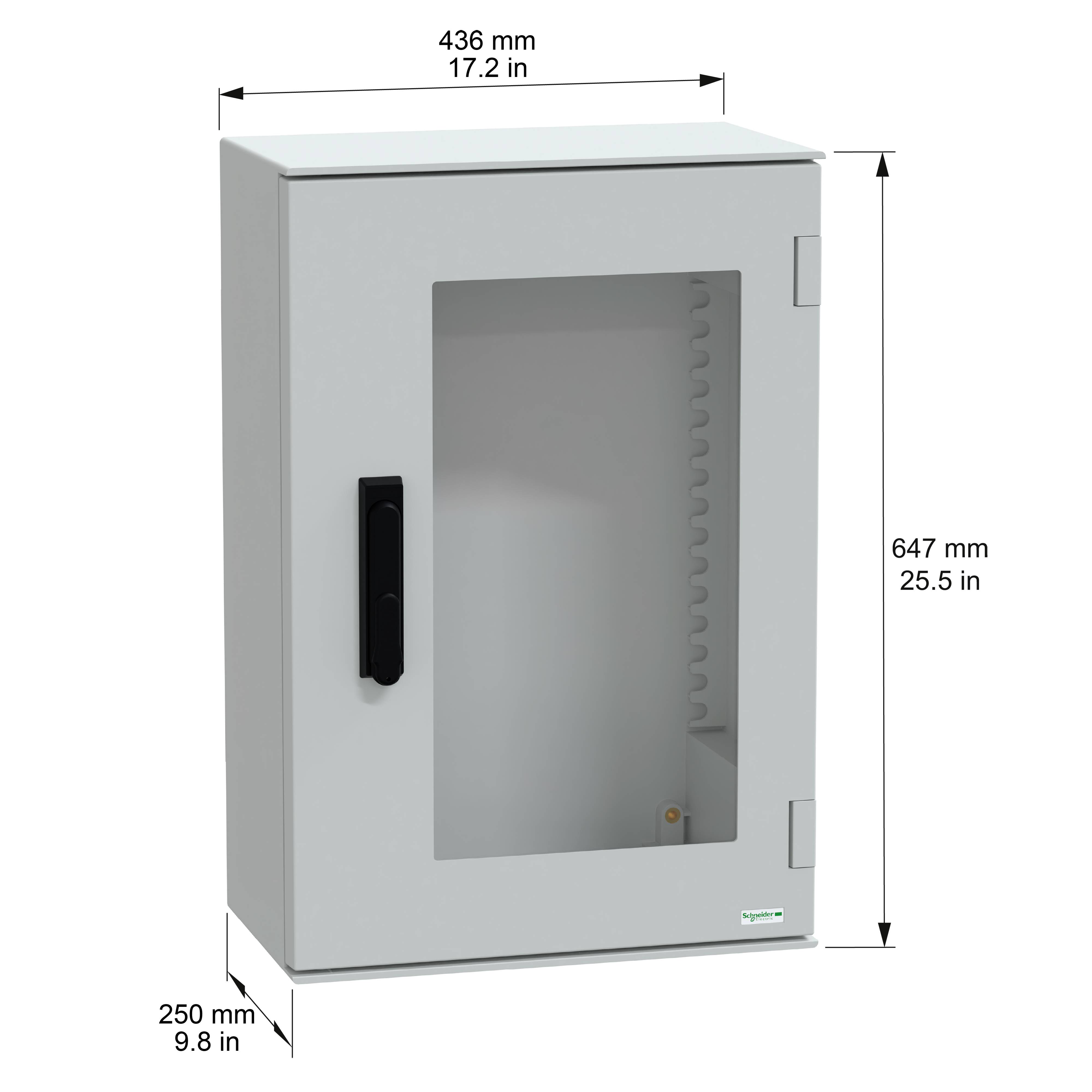 Ein grauer Elektroschrank mit einer Glastür, die den Innenraum zeigt, mit beschrifteten Abmessungen: Höhe 647 mm, Breite 436 mm, Tiefe 250 mm.