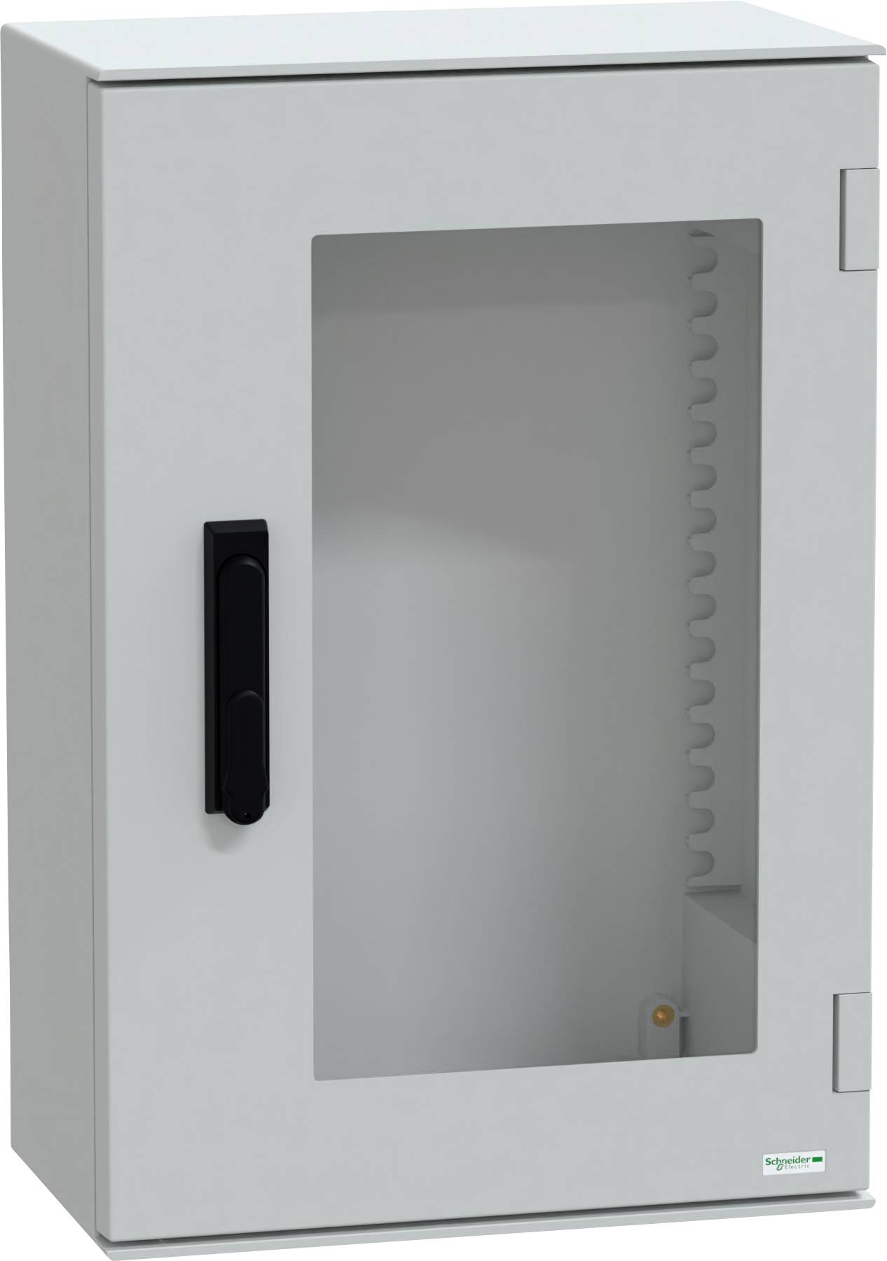 Ein Metallgehäuse für elektrische Komponenten mit einer transparenten Fronttür, ausgestattet mit einem schwarzen Griff und einem grauen Gehäusekörper, das zum Schutz elektrischer Bauteile dient.