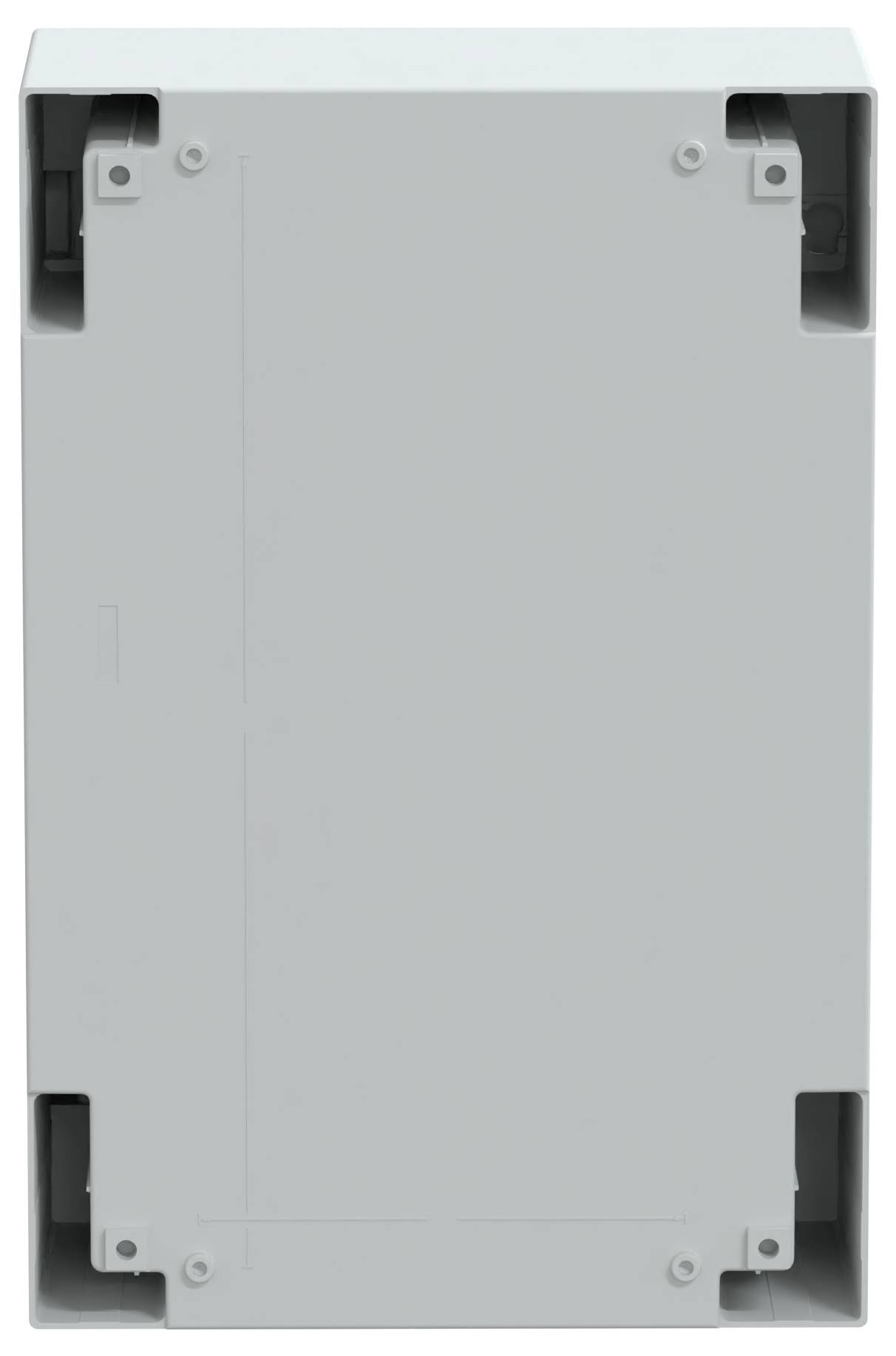 Ein schlichtes, rechteckiges graues Plastikgehäuse mit hohem Rahmendesign, sichtbaren Eckbefestigungen und einer glatten Oberfläche.