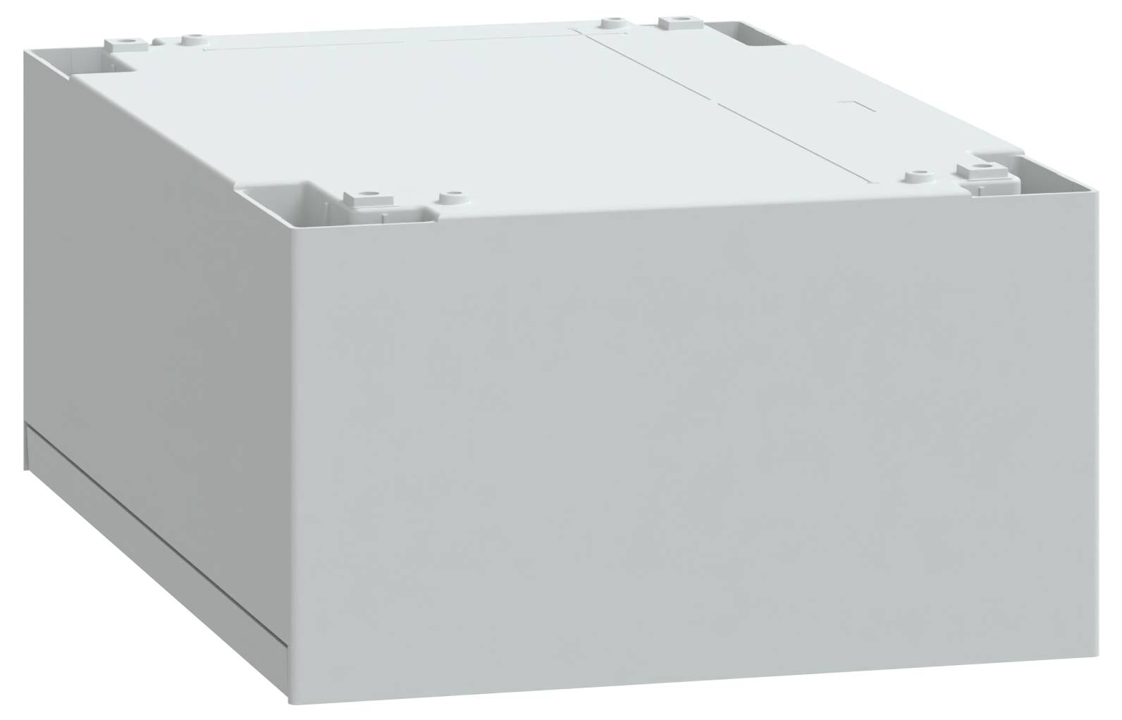Eine kompakte, graue Metallbox mit einer flachen Oberseite und vier klippartigen Strukturen an den Seiten, höchstwahrscheinlich ein elektronisches Gehäuse oder ein Versorgungsgehäuse.