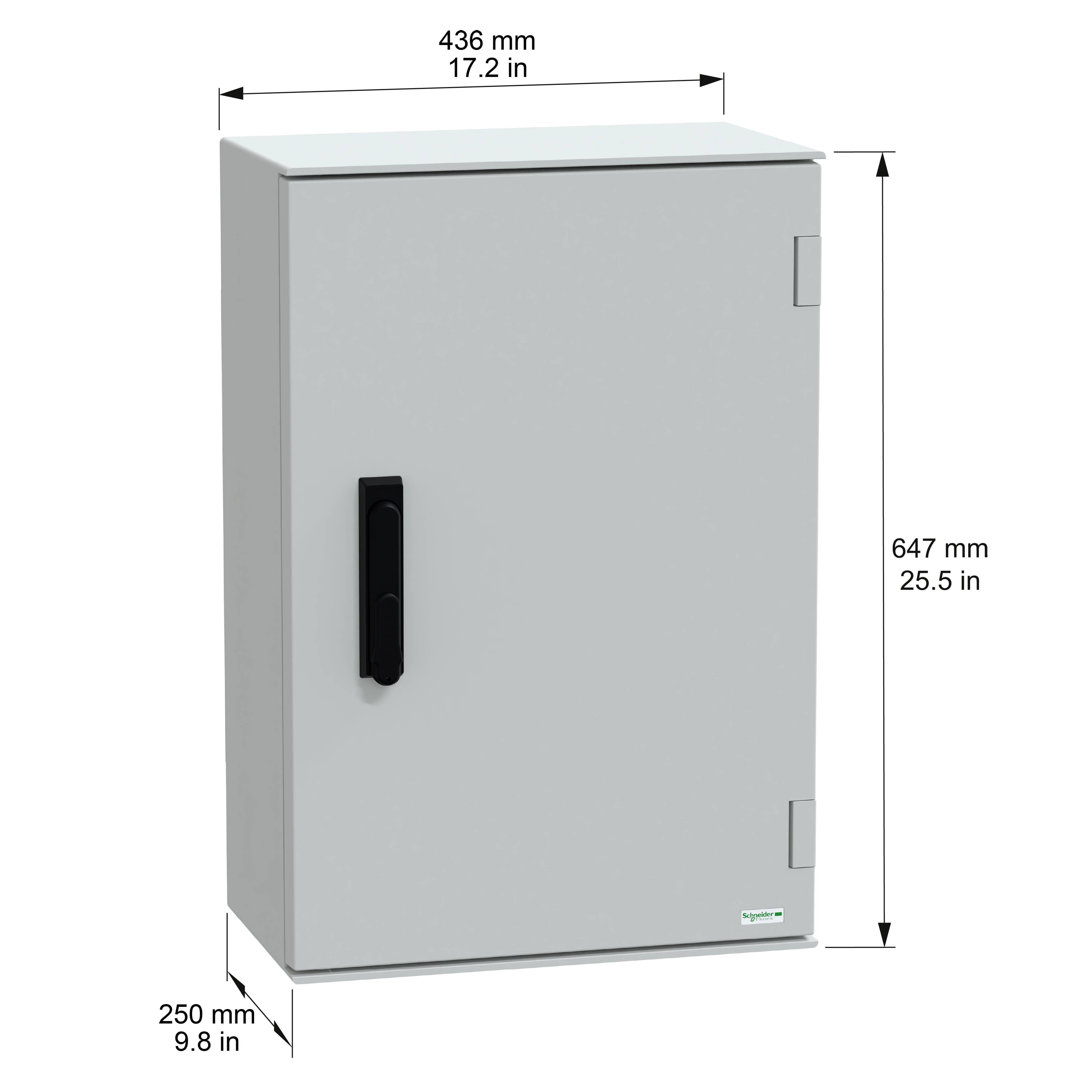 Ein elektrisches Gehäuse mit Abmessungen von 436 mm (17,2 Zoll) Breite, 250 mm (9,8 Zoll) Tiefe und 647 mm (25,5 Zoll) Höhe, ausgestattet mit einem schwarzen Griff.