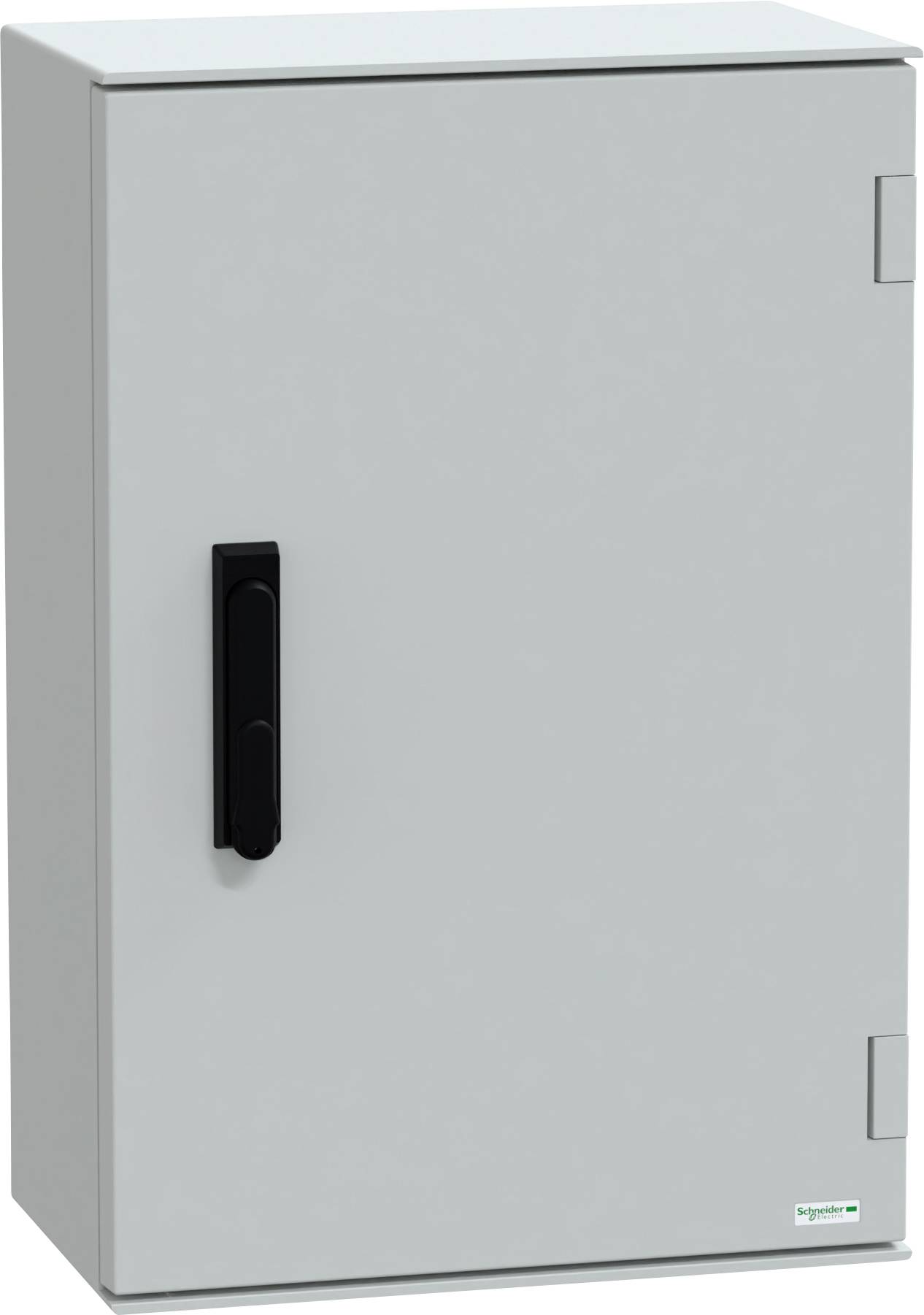 Ein grauer elektrischer Schaltschrank mit einem schwarzen Griff, der zur Unterbringung und zum Schutz von elektrischen Komponenten dient.