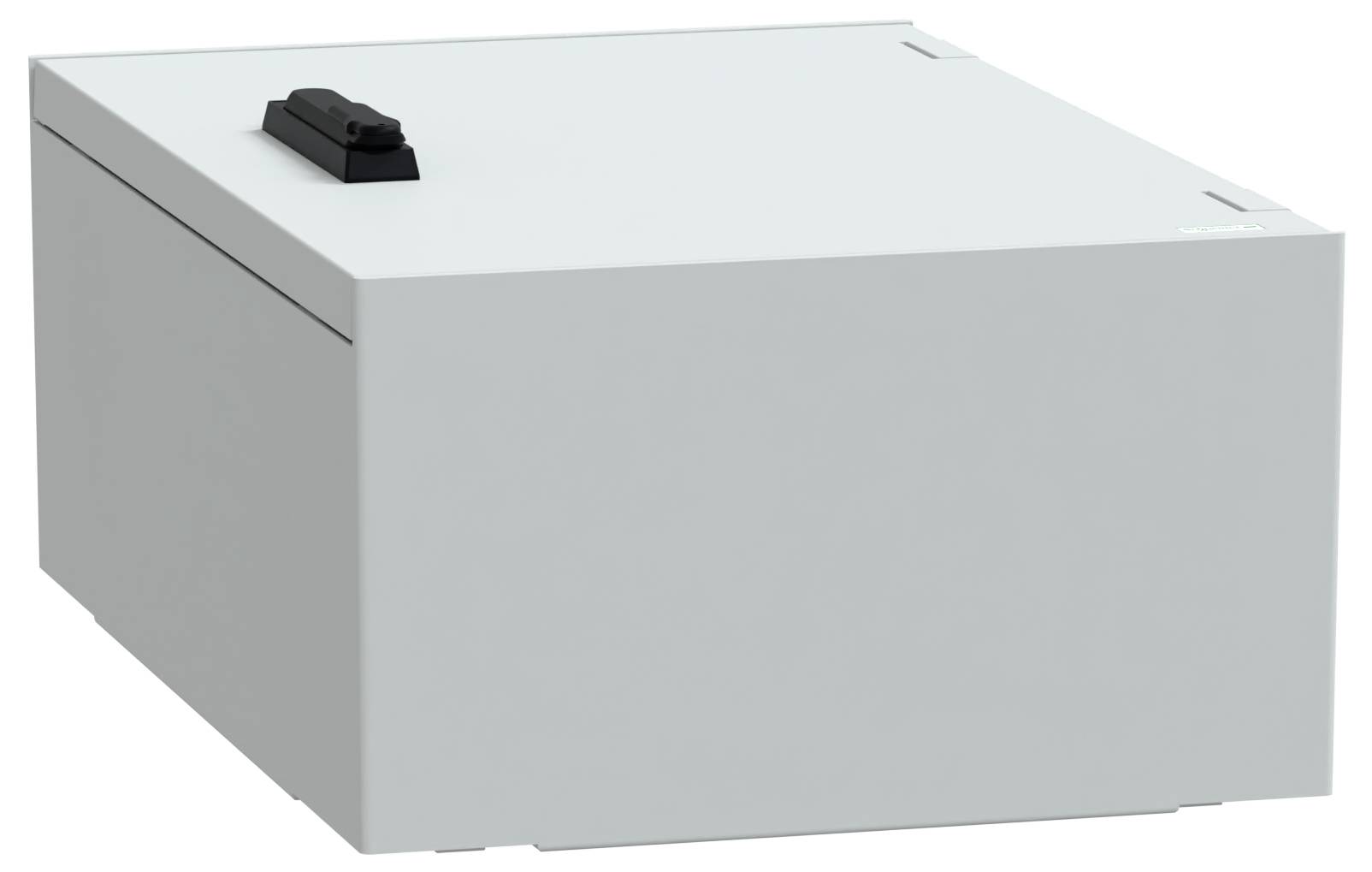 Eine weiße Metallschließbox mit einem schwarzen Griff auf der Oberseite.