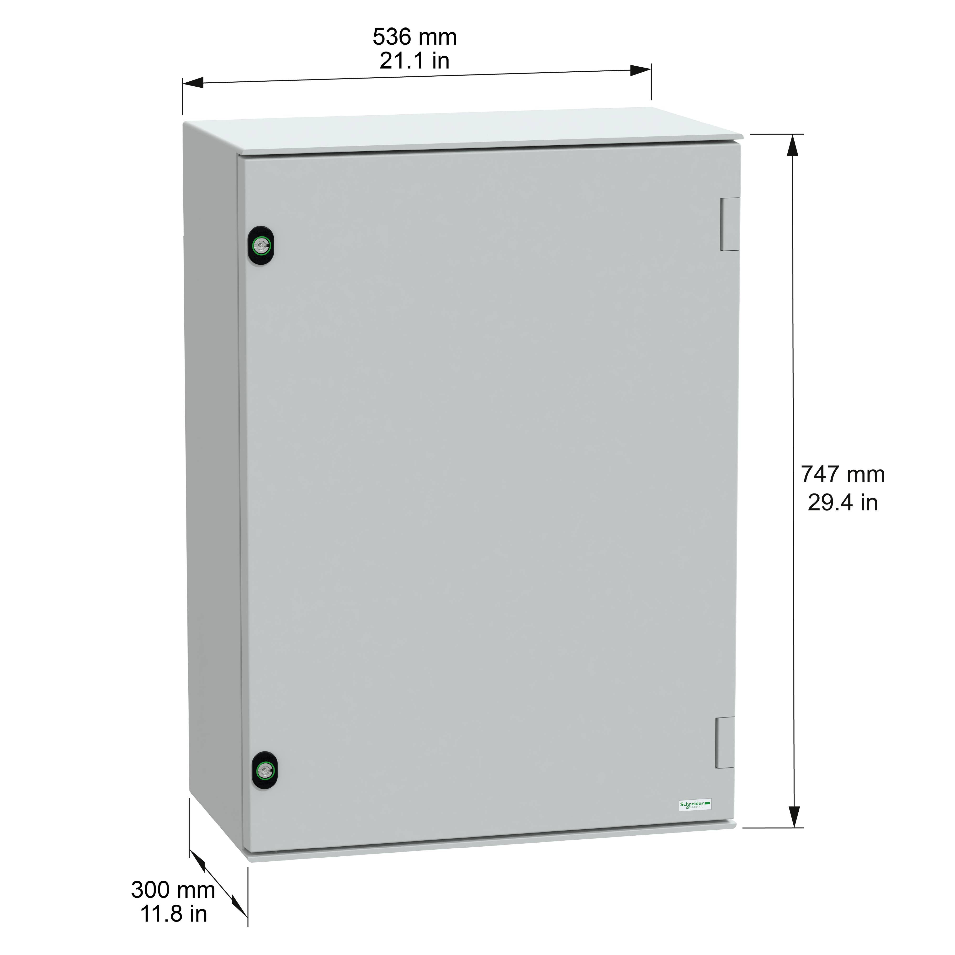 Ein grauer Elektroschrank mit beschrifteten Abmessungen: Höhe 747 mm (29,4 Zoll), Breite 536 mm (21,1 Zoll), Tiefe 300 mm (11,8 Zoll).