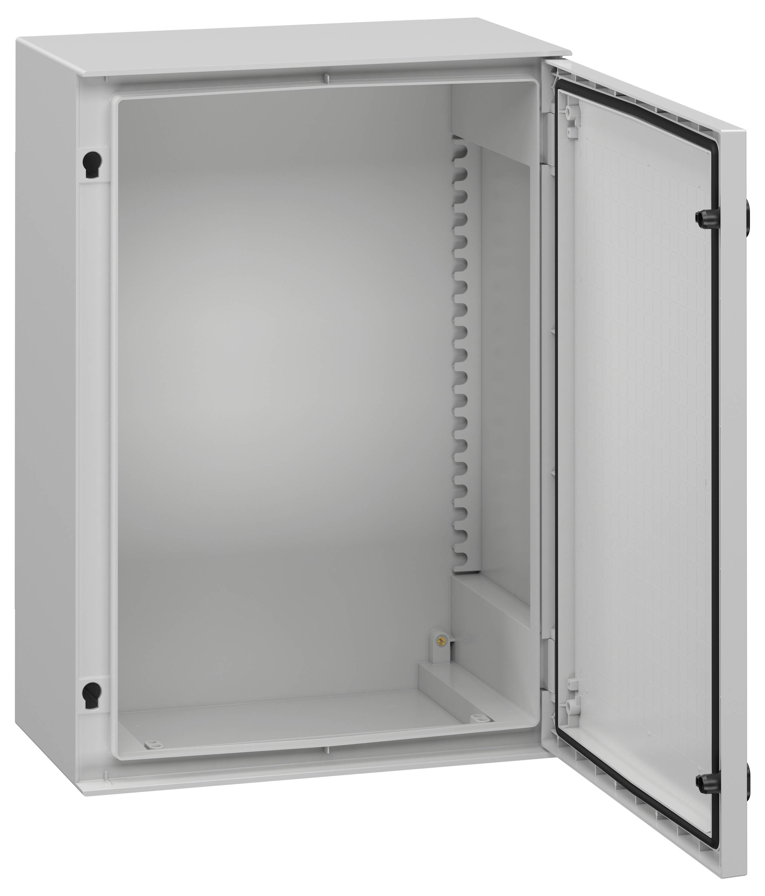 Eine offene Metall-Elektroverteilerdose mit einer Tür mit Scharnier, die ein gelochtes Panel und Montageschienen im Inneren aufweist. Die Farbe ist grau.