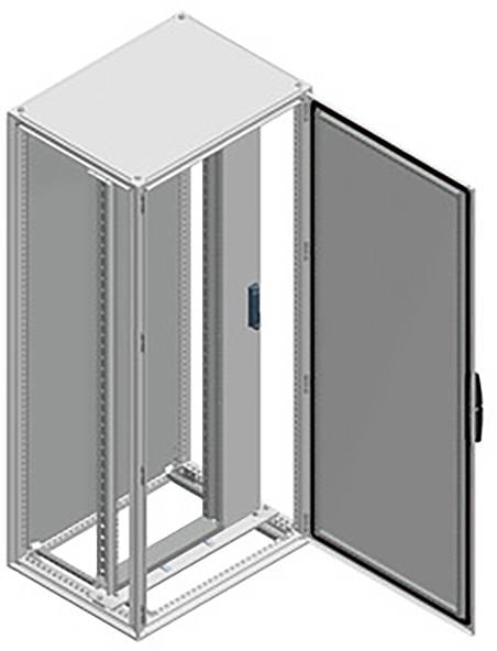 Server-Rack mit offener Glastür, zeigt vertikale Halteschienen für IT-Geräte. Geeignet für Rechenzentren zur Geräteorganisation.