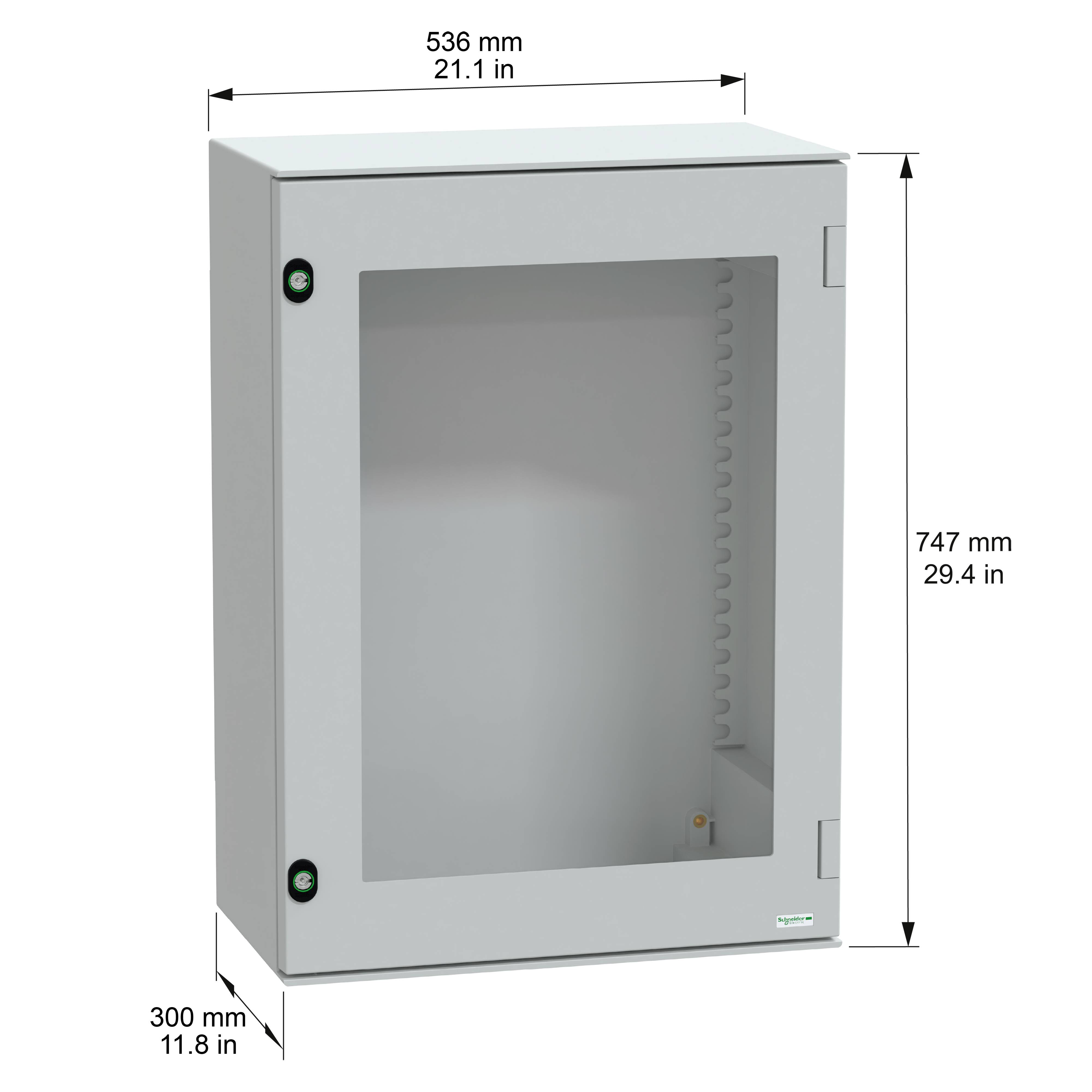 Ein rechteckiger Metallschrank mit einer transparenten Tür, beschriftet mit 536 mm Breite, 747 mm Höhe und 300 mm Tiefe, in einer neutralen Farbe dargestellt.