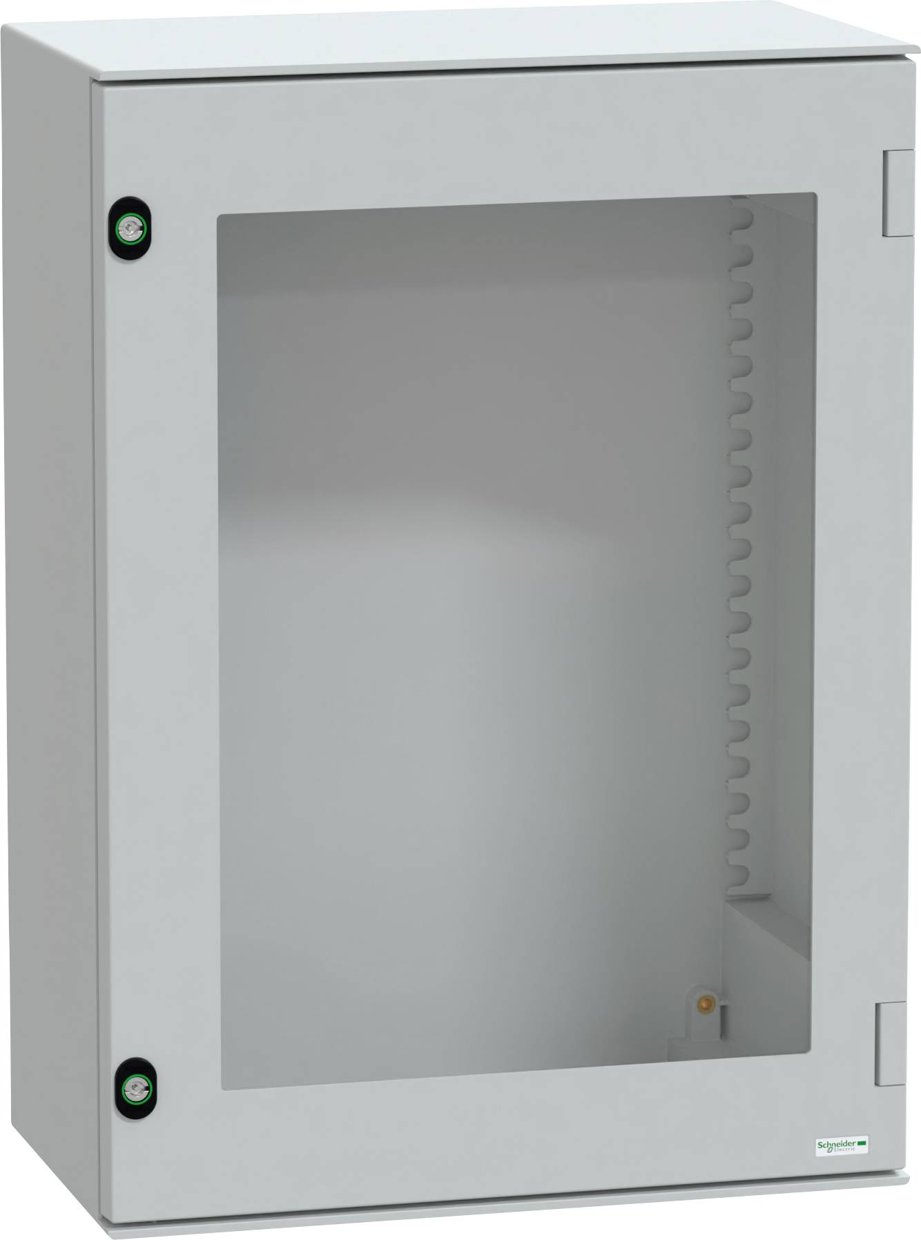 Ein grauer Elektroschrank mit einer transparenten Fronttür, die den Innenraum sichtbar macht, und zwei sichtbaren Schlössern auf der linken Seite.