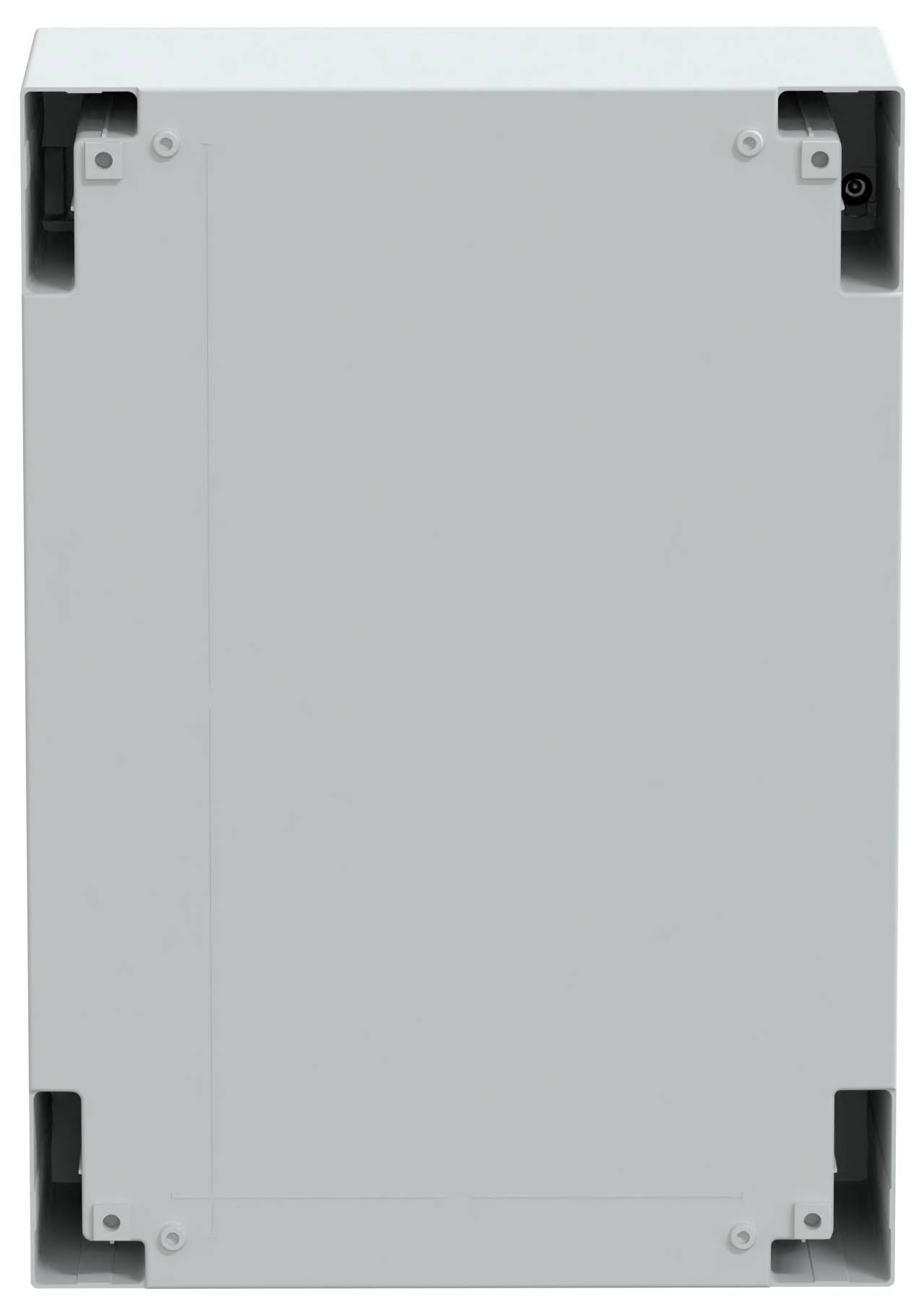 Eine graue Elektroverteilerdose mit sichtbaren Befestigungsbügeln an den Ecken, mit einer glatten Vorderseite, wahrscheinlich zur Aufnahme elektrischer Komponenten.