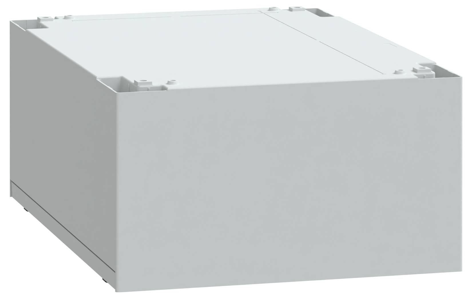 Eine graue rechteckige Box mit glatten Seiten und leichten Einbuchtungen an den oberen Kanten, die an eine minimalistische Produktverpackung oder einen Container erinnert.