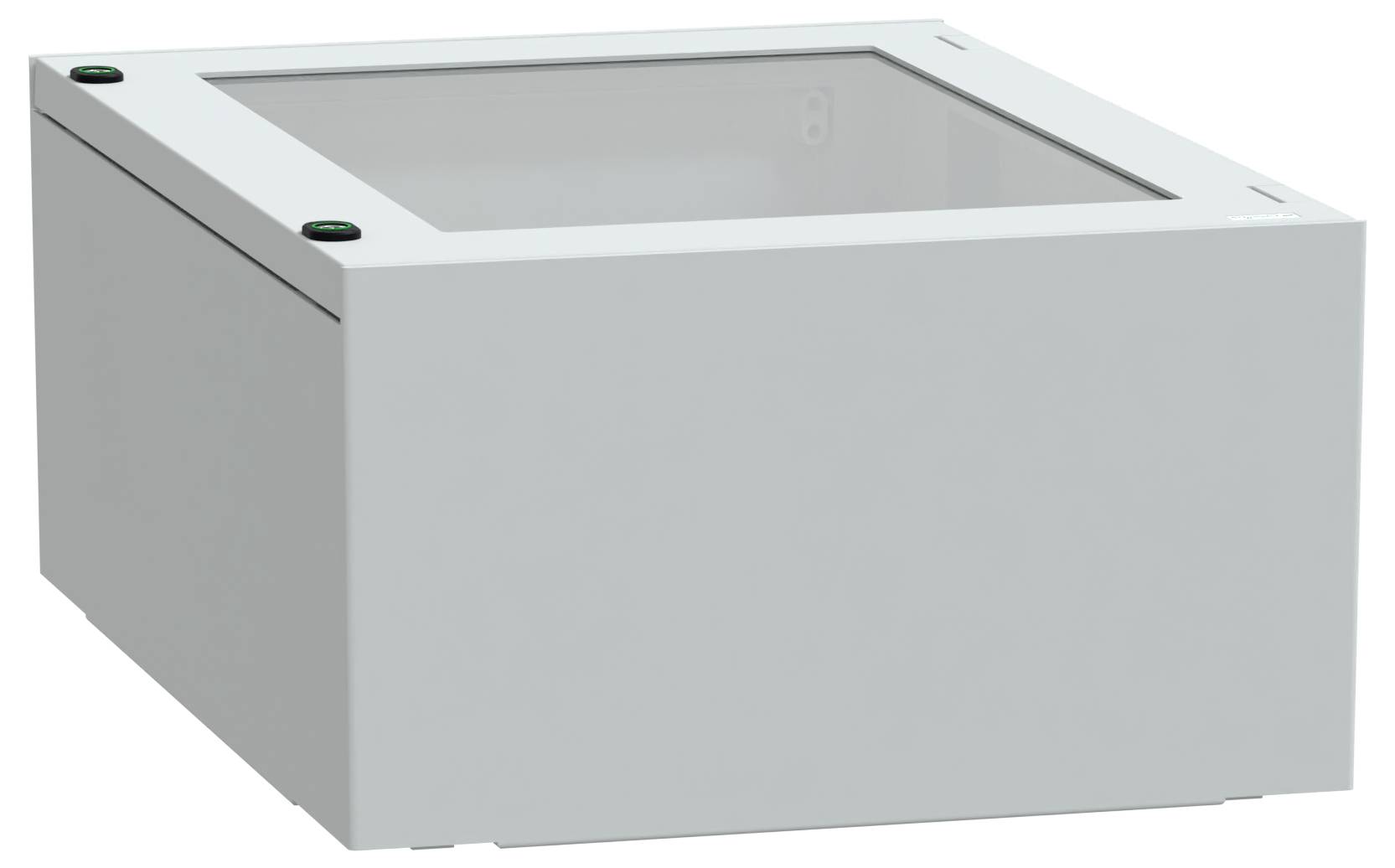 Eine graue, rechteckige, geschlossene Box mit einem transparenten Deckel sitzt auf einer flachen Oberfläche. Die Box hat kleine dunkle Knöpfe auf zwei Ecken.