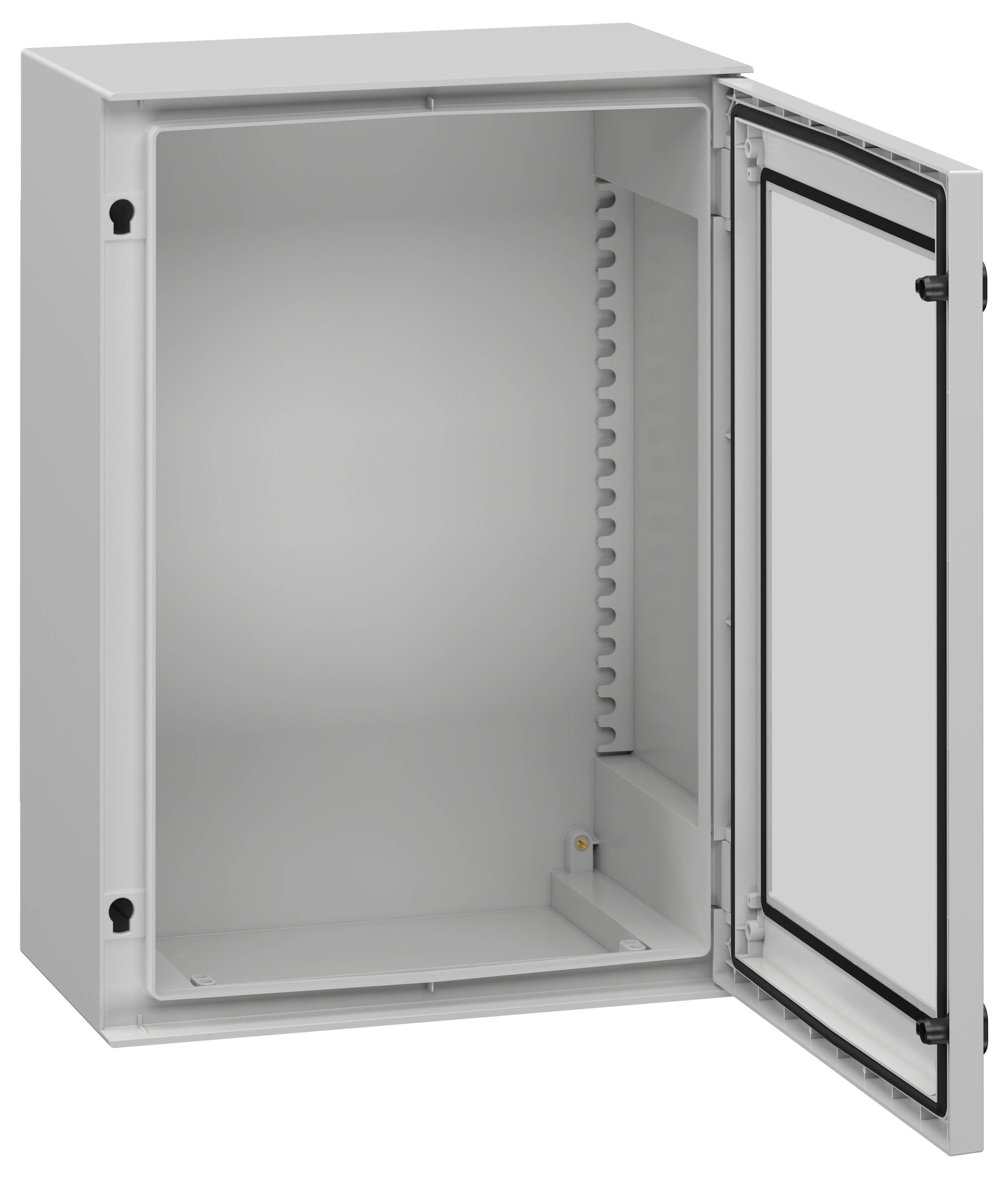 Eine offene graue Metallschaltschrank mit einer Tür mit Scharnier, die ein leeres Inneres offenbart, das geeignet ist, elektrische Komponenten aufzunehmen.