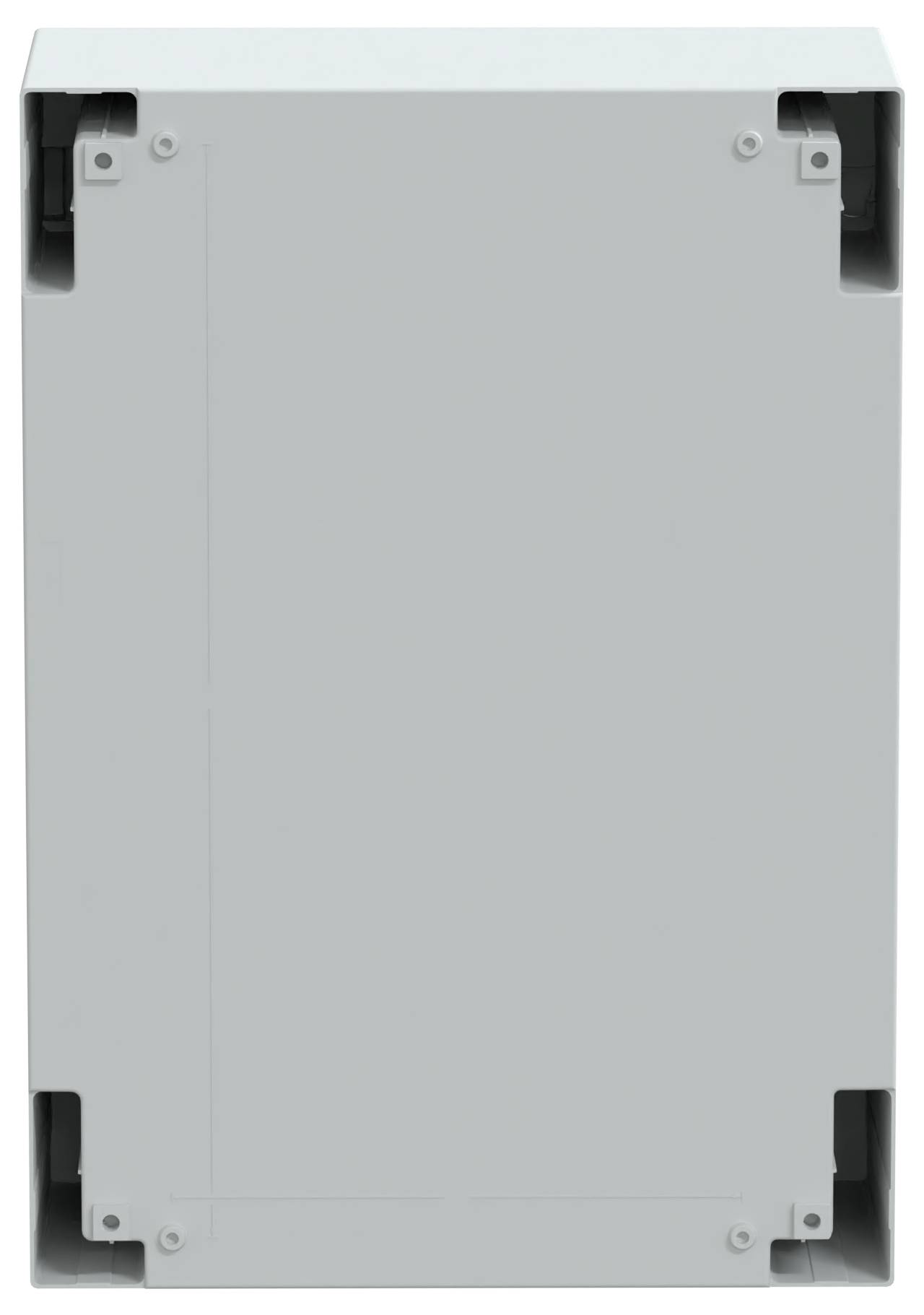 Eine graue, rechteckige Elektrobox mit glatter Vorderseite und Befestigungsbügeln an jeder Ecke, die für Einbauinstallationen konzipiert ist.