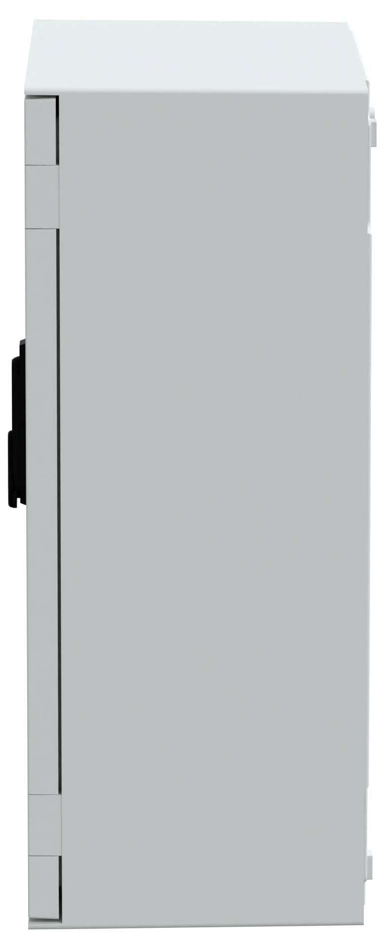 Eine weiße rechteckige Metallbox, von der Seite betrachtet, mit Scharnieren und einem schwarzen Griff auf der linken Seite.