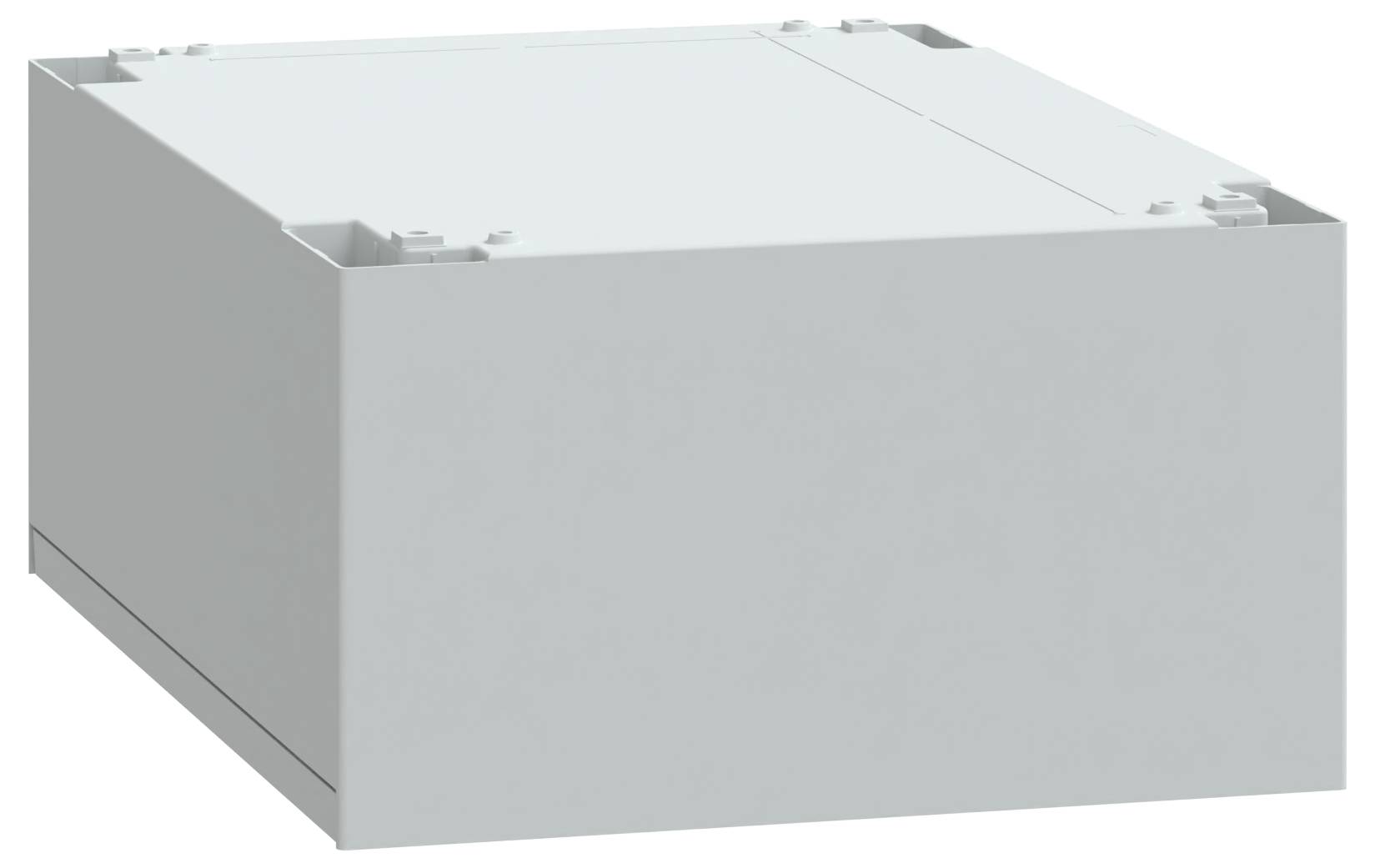 Eine schlichte graue rechteckige Box, möglicherweise ein Aufbewahrungsbehälter oder Verpackungsbehälter, aus einem leicht erhöhten Blickwinkel betrachtet.