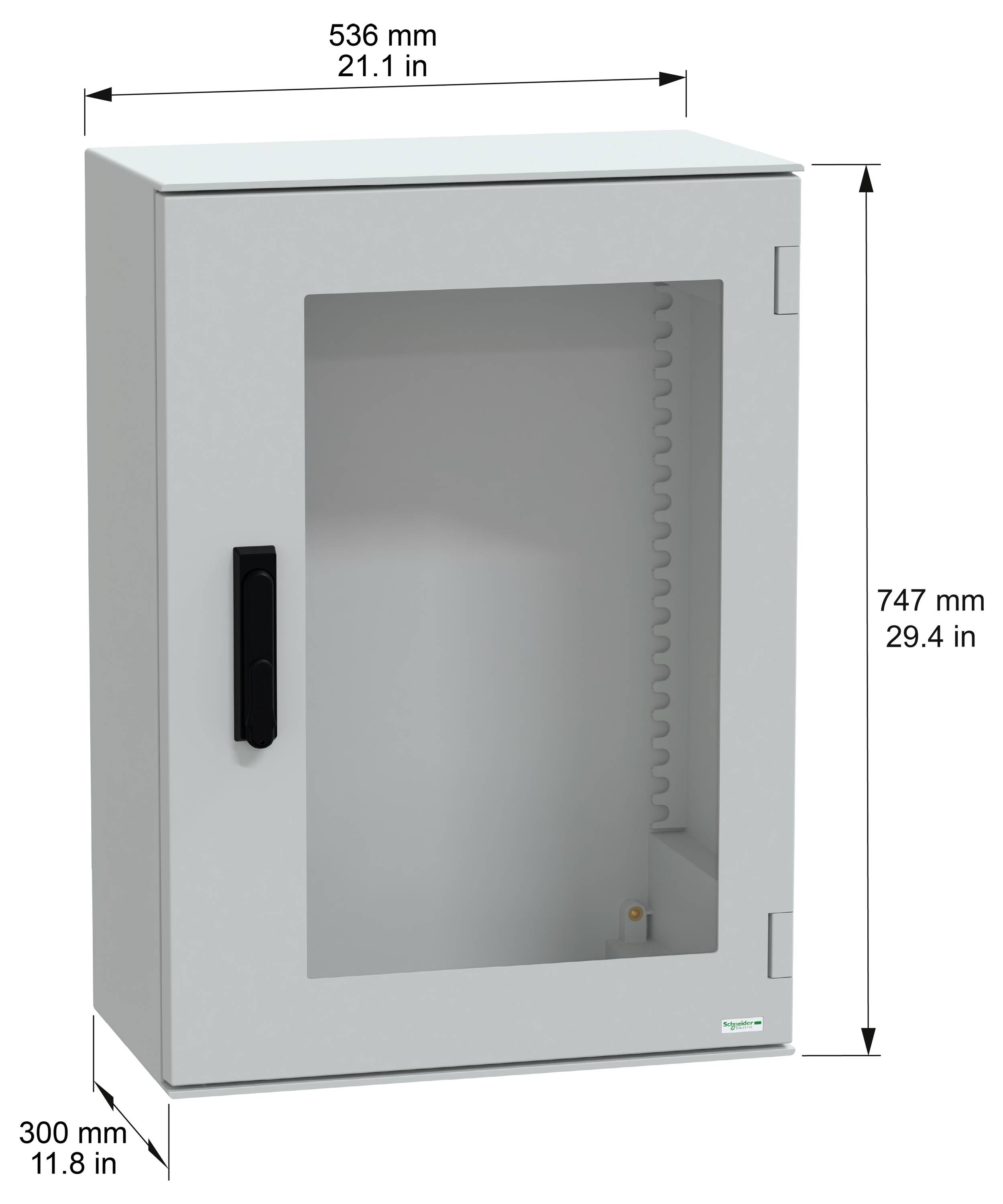 Ein Metallschrank mit einer durchsichtigen Tür, schwarzem Griff und beschrifteten Abmessungen: Höhe 747 mm (29,4 Zoll), Breite 536 mm (21,1 Zoll), Tiefe 300 mm (11,8 Zoll).