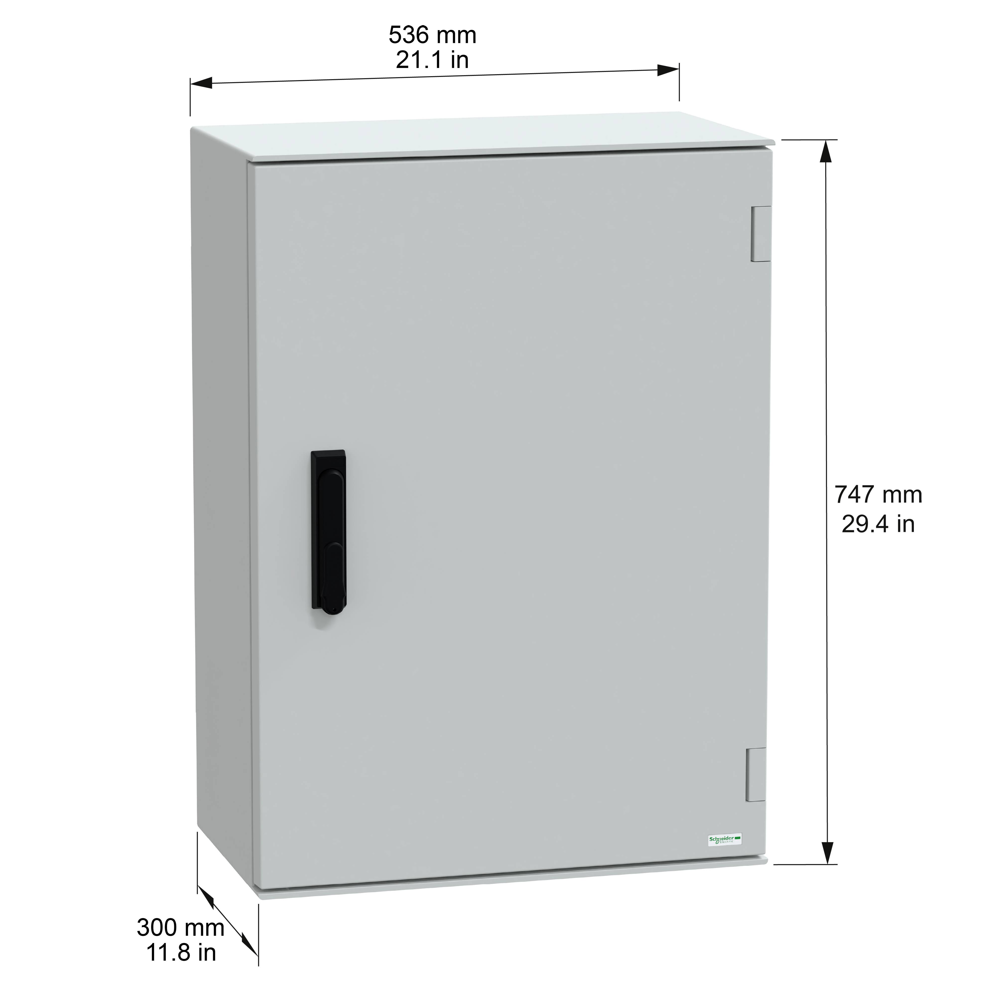 Ein grauer Metallschrank mit einem schwarzen Griff, 536 mm breit, 747 mm hoch und 300 mm tief, dargestellt mit Maßangaben.