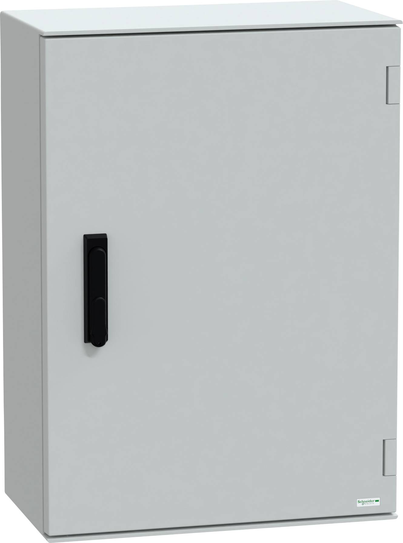 Ein grauer Elektroschrank mit einem schwarzen Griff, geschlossen, zur Unterbringung und zum Schutz elektrischer Komponenten.