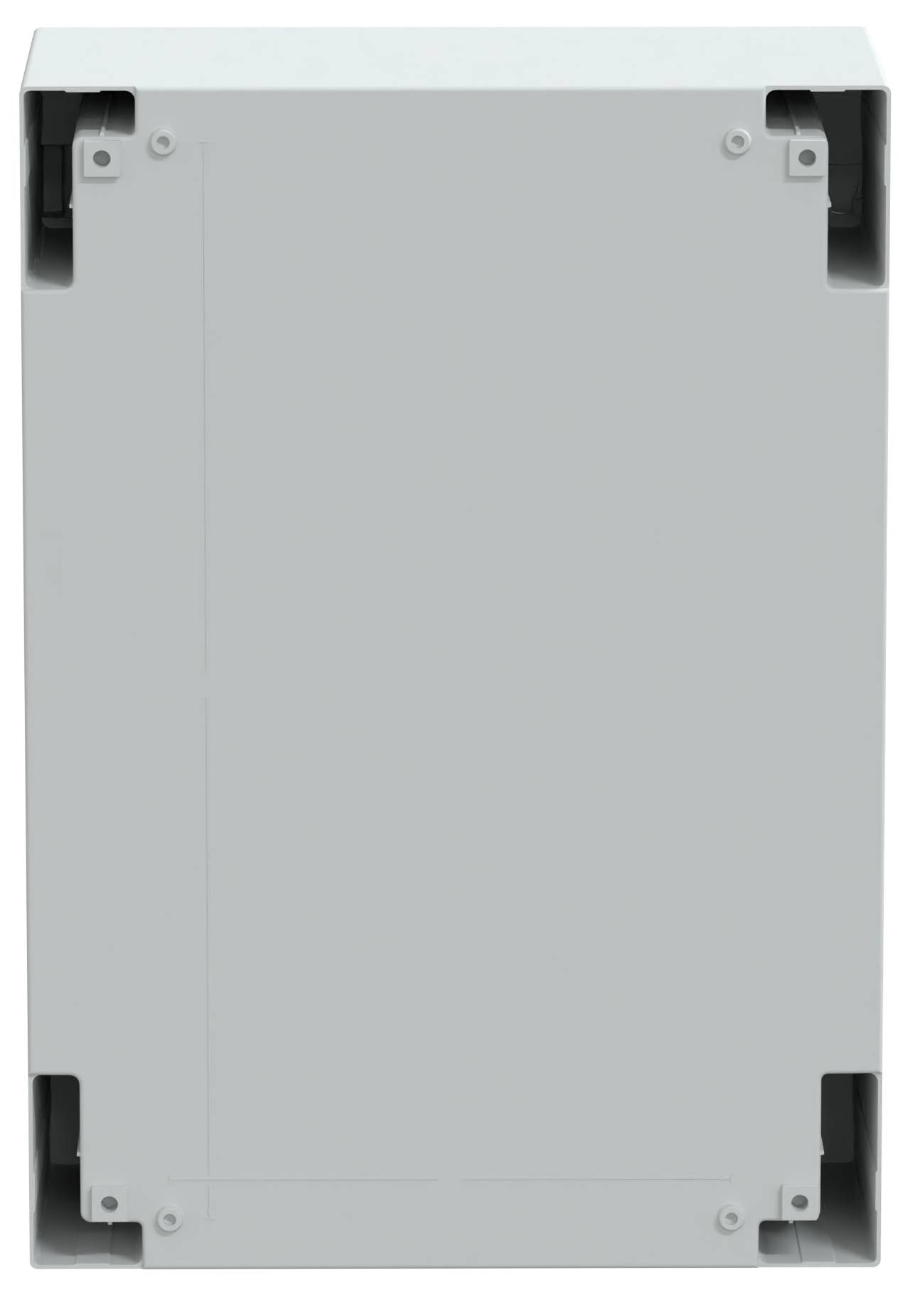 Eine schlichte, graue rechteckige Box mit abgerundeten Kanten und sichtbaren Befestigungsschrauben an den Ecken.