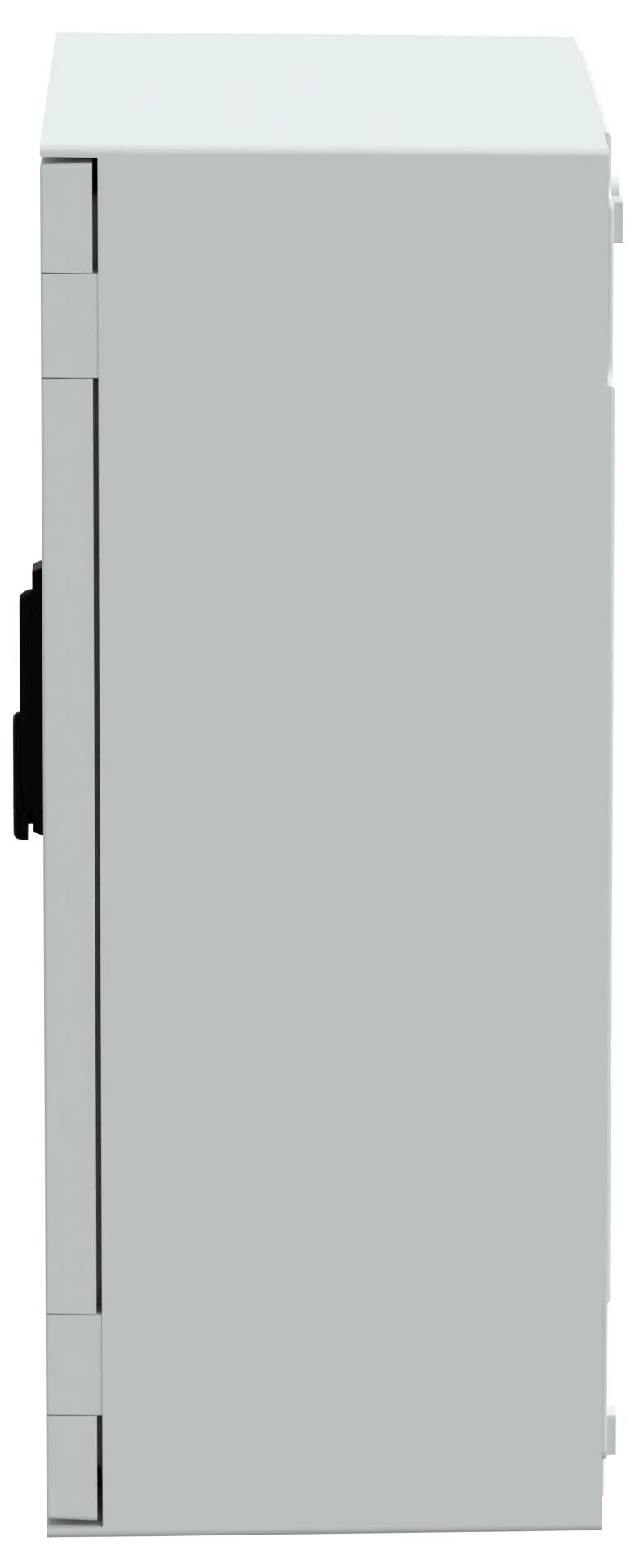 Eine graue rechteckige Box, von der Seite betrachtet, mit Scharnieren und einem Riegel an ihrer linken Seite, was darauf hindeutet, dass es sich um einen Schrank oder ein Gehäuse handelt.