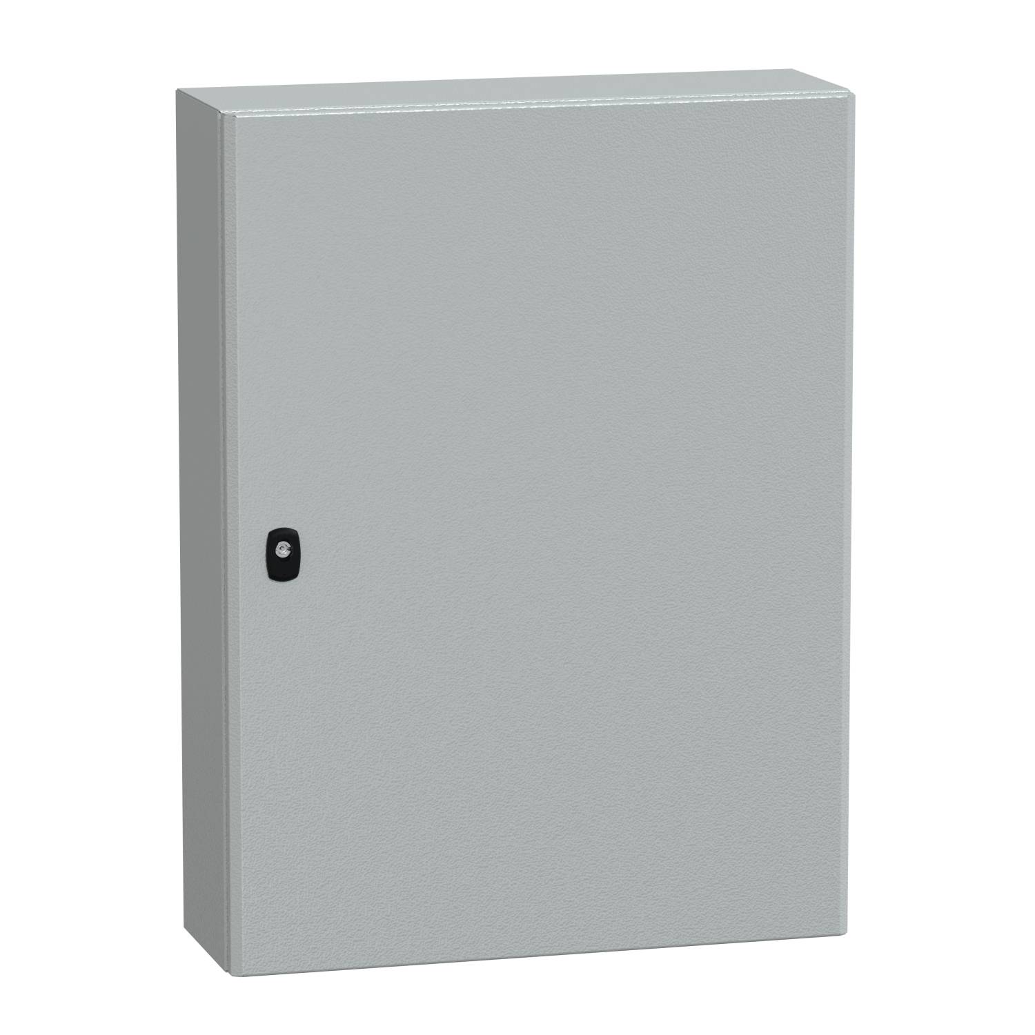 Grauer Metallschrank mit einer kleinen schwarzen Griff an der Vorderseite.
