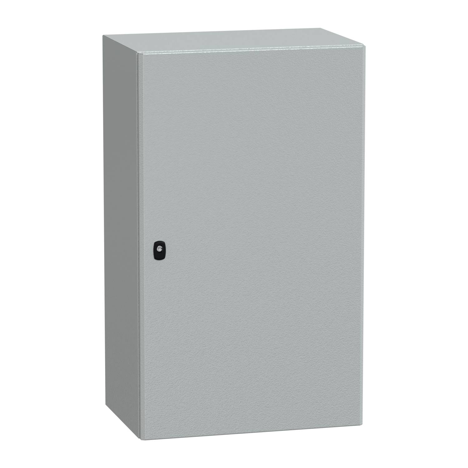 Metallschrank mit Tür und schwarzem Griff, stehend vor weißem Hintergrund.