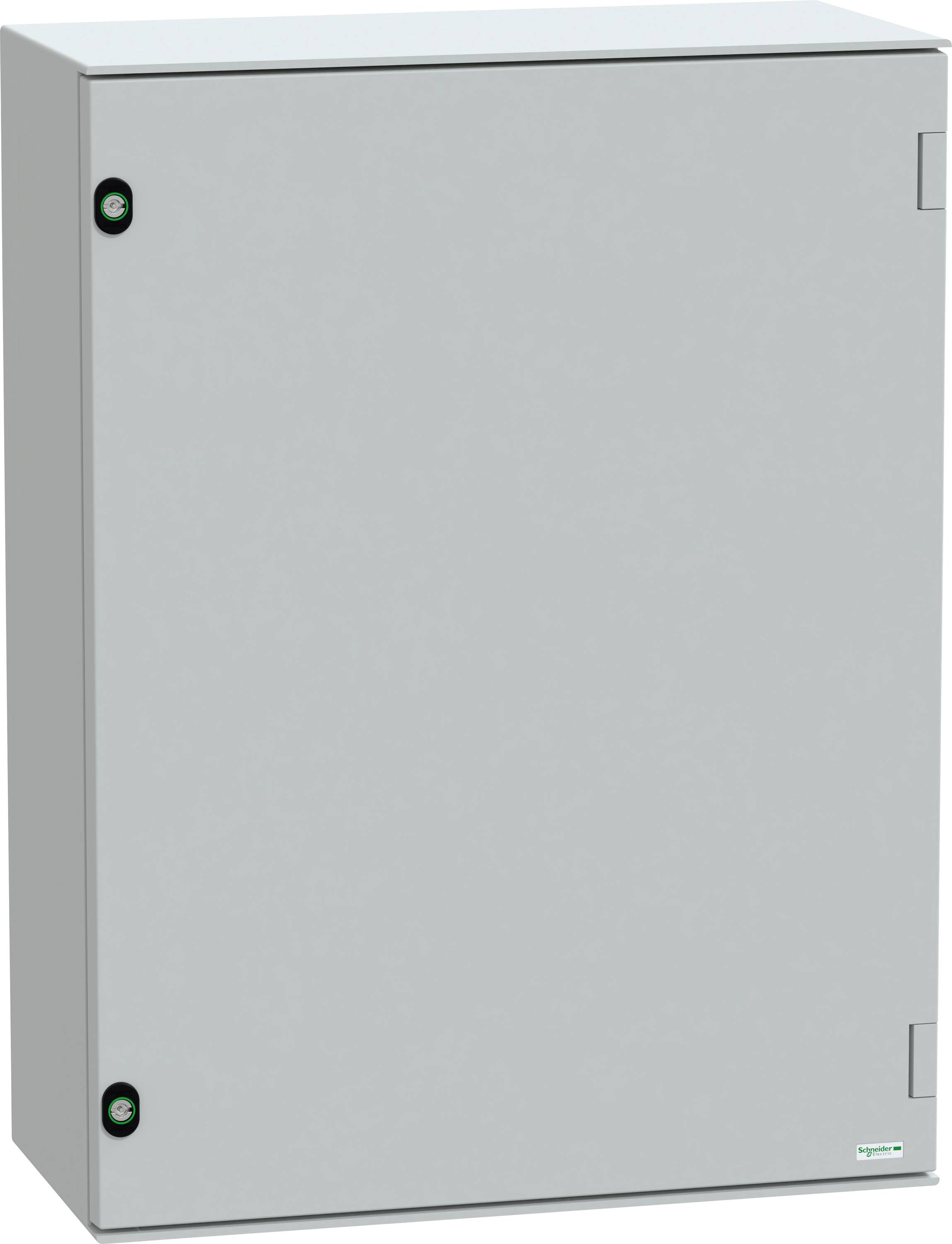 Ein grauer rechteckiger Elektroverteiler mit sichtbaren Scharnieren und Verschlussmechanismen an den Seiten. Das Schneider Electric Logo befindet sich in der unteren rechten Ecke.