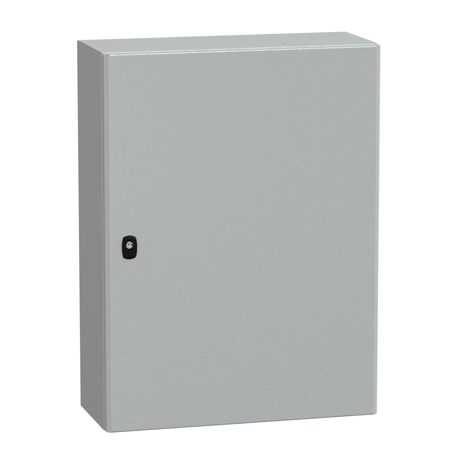 Graues Metallgehäuse mit Tür, verriegelt mit einem schwarzen Schloss. Geeignet für den Schutz von elektrischen oder technischen Geräten.