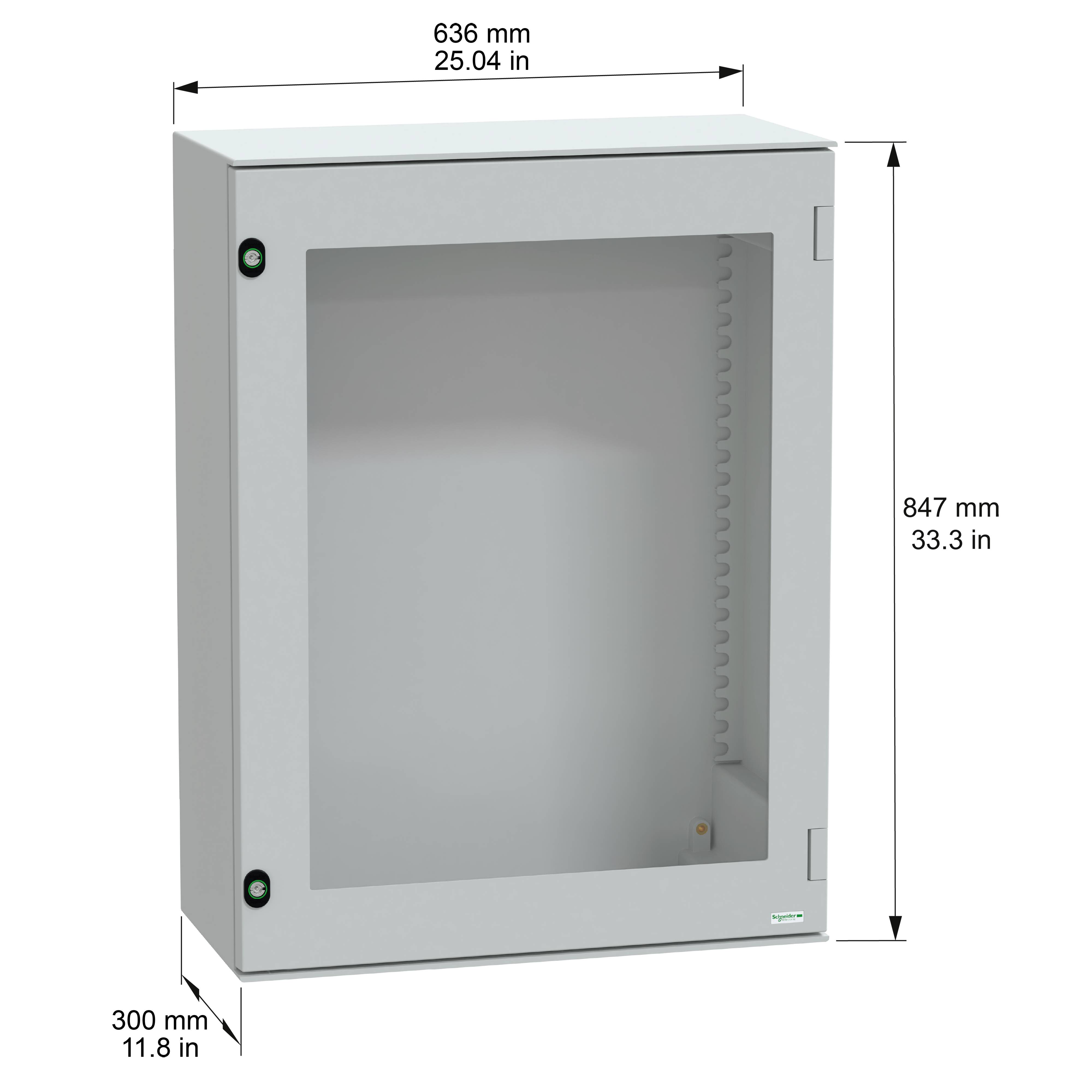 Ein rechteckiges graues Metallgehäuse mit transparenter Frontabdeckung, Abmessungen gekennzeichnet: 636 mm Breite, 847 mm Höhe, 300 mm Tiefe.
