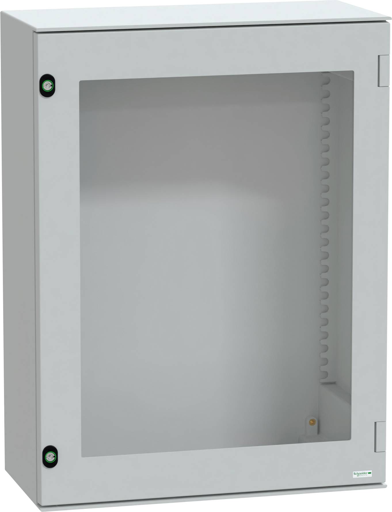 Graues Metallgehäuse für elektrische Komponenten mit einer durchsichtigen Frontplatte und zwei sichtbaren Verschlussmechanismen.