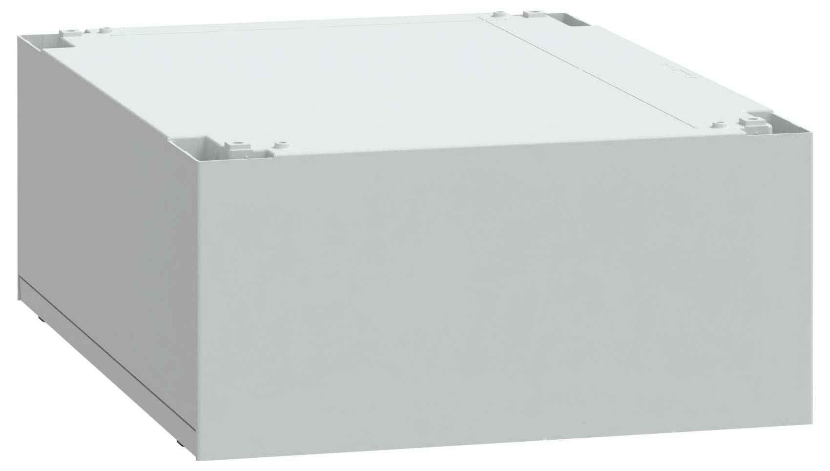 Eine graue, rechteckige elektronische Gehäusebox mit einer glatten, soliden Oberfläche und einem passenden Deckel, möglicherweise zur Aufnahme von Komponenten verwendet.